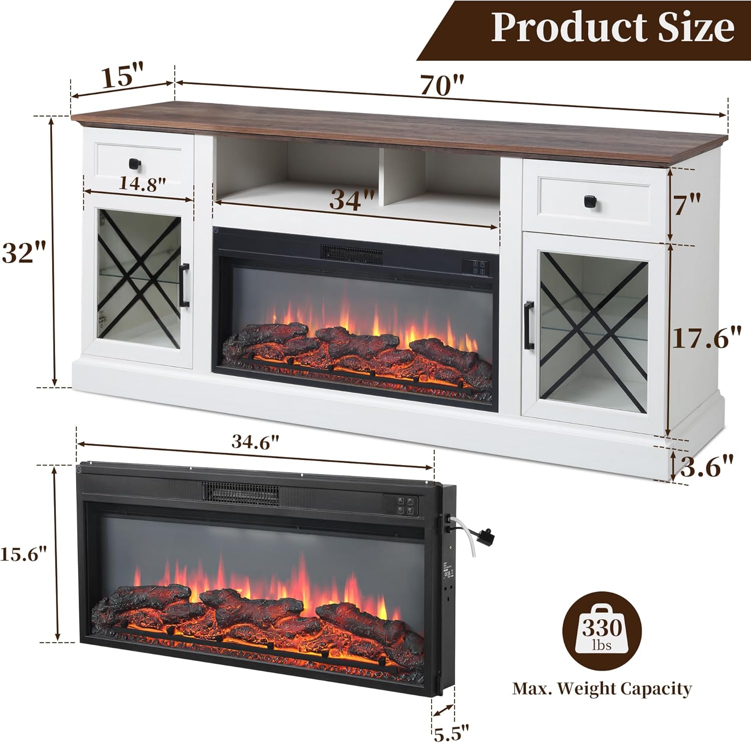 FIAKOA 70” Fireplace TV Stand for 80" TVs,Fireplace Entertainment Center with LED Lights,TV Console with 34" Electric Fireplace for Living Room,White