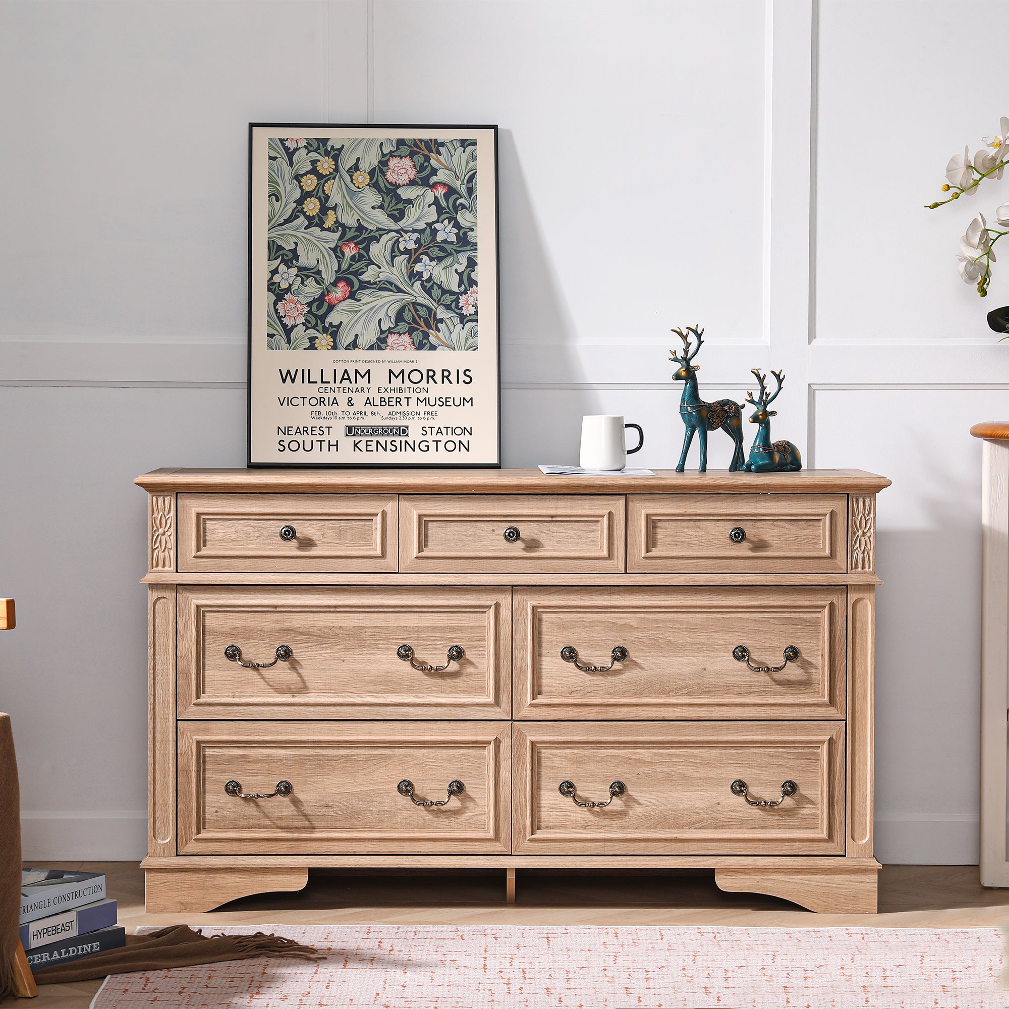 FIAKOA 7 Drawer Dresser for Bedroom, 55” W. Wood Farmhouse Tall Storage Chest of Drawers for Livingroom, Oak