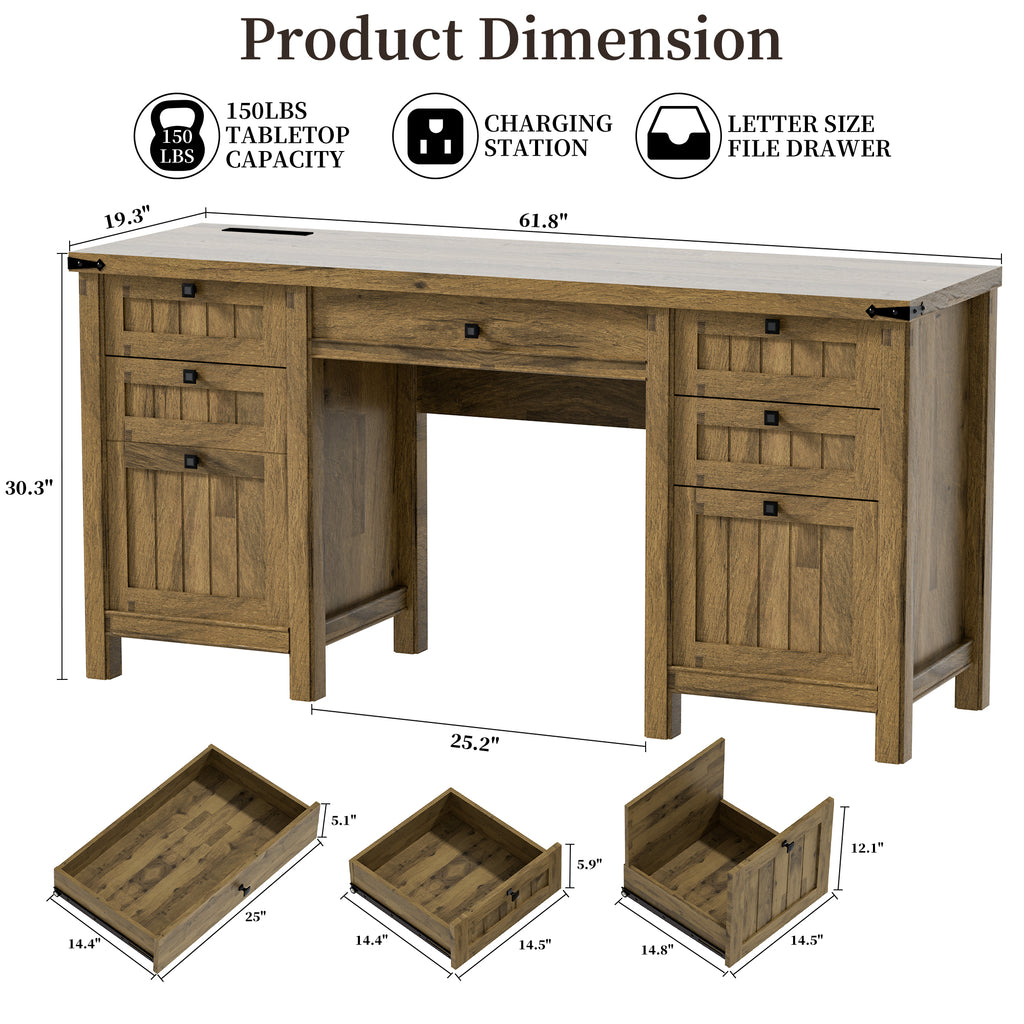 FIAKOA 62" Executive Desk, Modern Farmhouse Computer Desk with Drawers & Cabinet,Home Office Desk Writing Workspace for Work Study,Brown