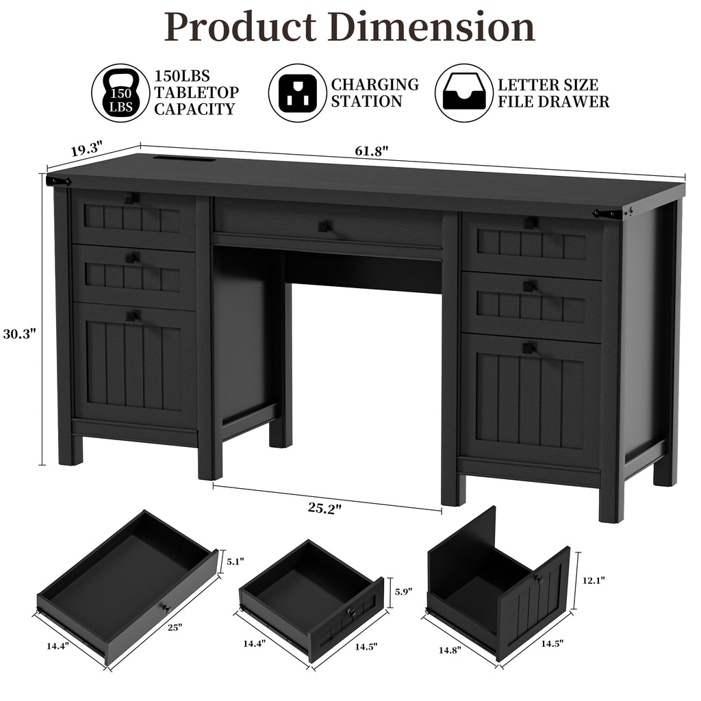 FIAKOA 62" Executive Desk, Modern Farmhouse Computer Desk with Drawers & Cabinet,Home Office Desk Writing Workspace for Work Study,Black