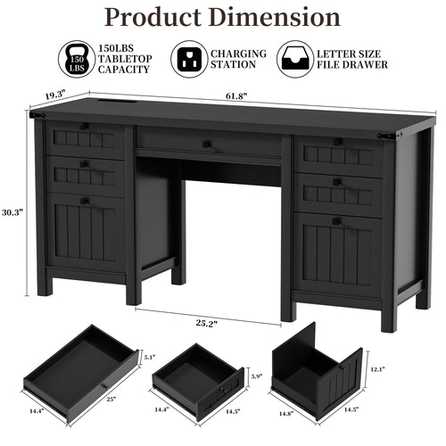 FIAKOA 62" Executive Desk, Modern Farmhouse Computer Desk with Drawers & Cabinet,Home Office Desk Writing Workspace for Work Study,Black