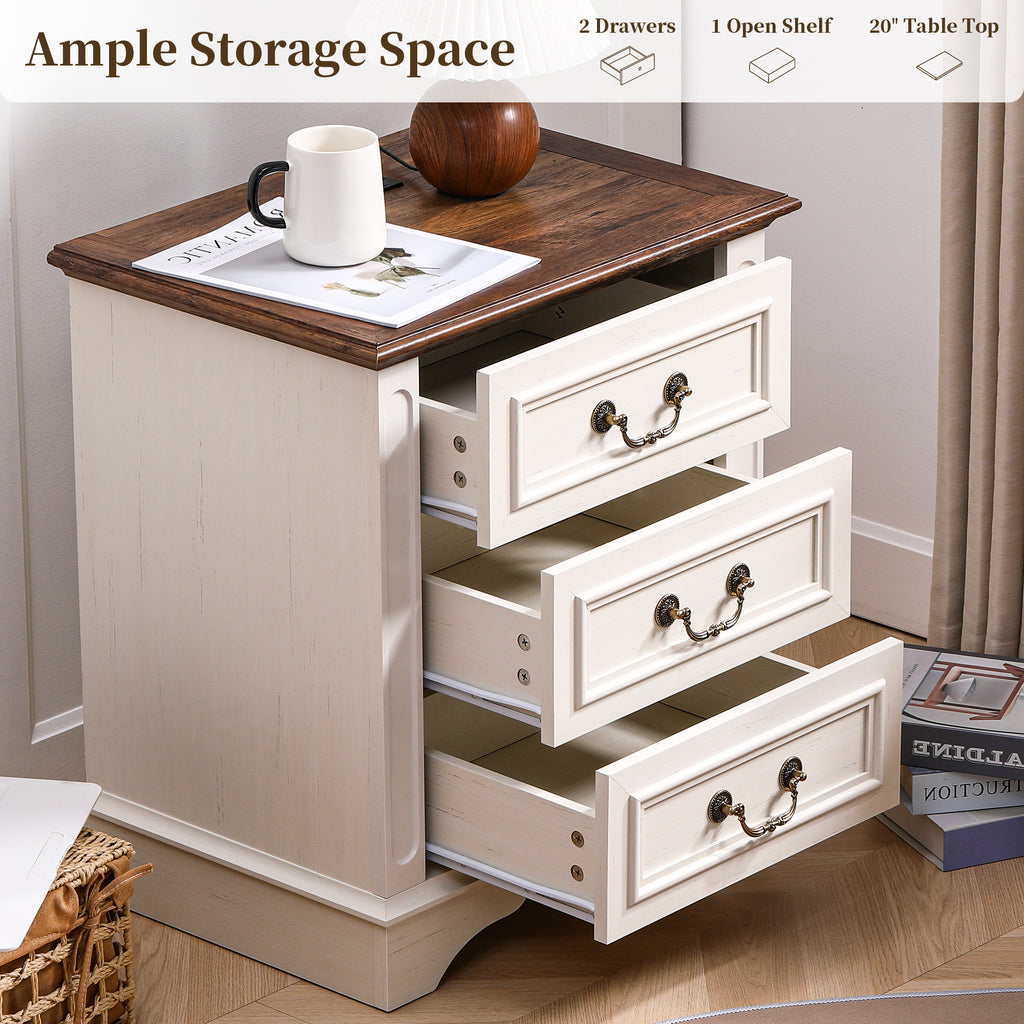 FIAKOA Farmhouse 3 Drawer Nightstand set of 2 for Bedroom, Rustic Bedside Table for Livingroom, White