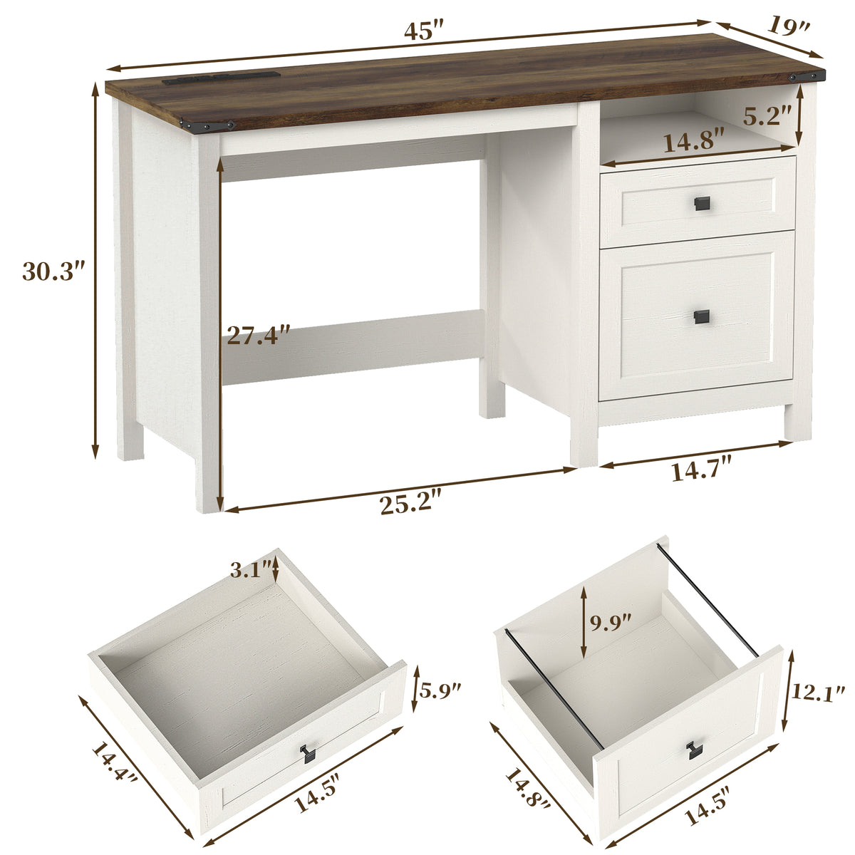 Goealvce 45"Executive Desk , Farmhouse White Desk with Drawers & Cabinet, Small Office Computer Desk for Writing Reading