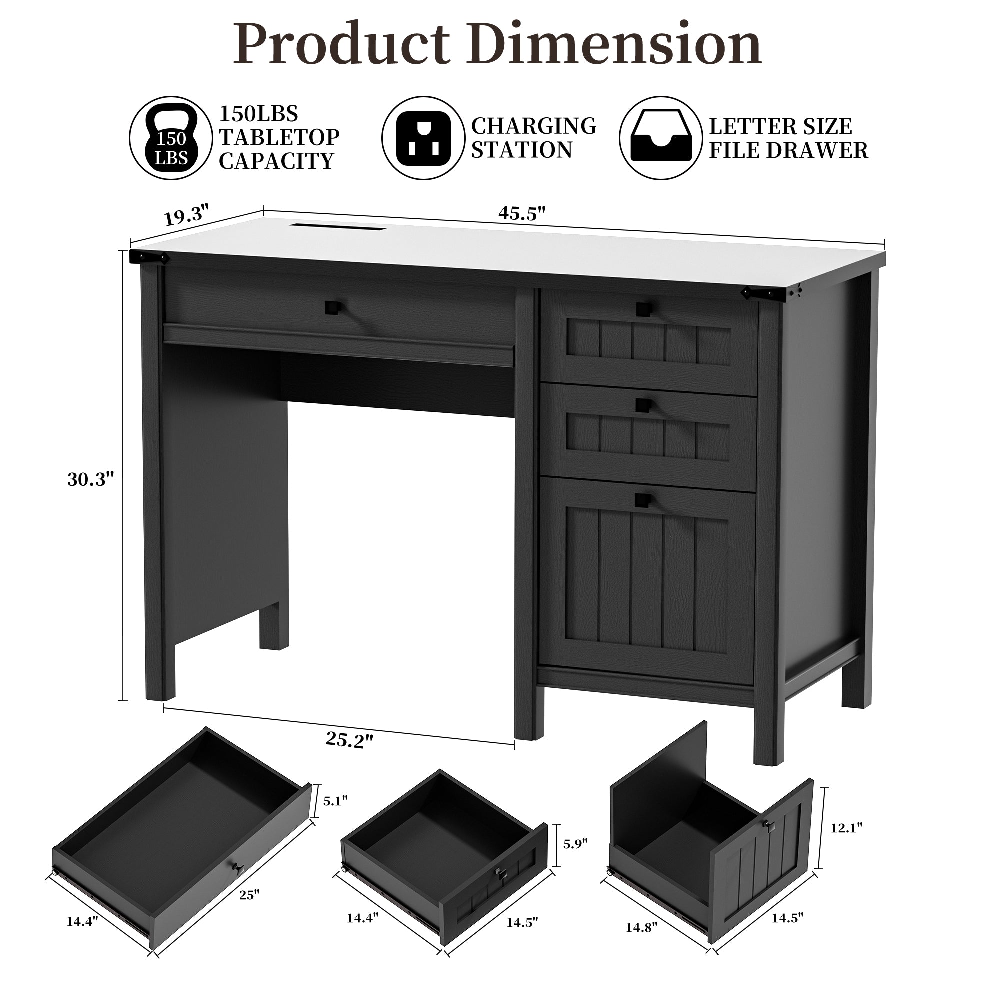 FIAKOA 45" Executive Desk, Modern Farmhouse Computer Desk with Drawers & Cabinet,Home Office Desk Writing Workspace for Work Study,Black