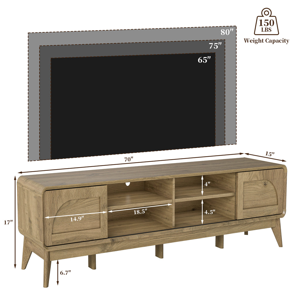 FIAKOA 70 inch Farmhouse TV Stand for 75 inch TV, Mid Century Entertainment Center with Movable Door & Adjustable Shelf, Modern Media Console Table for Living Room, Nature
