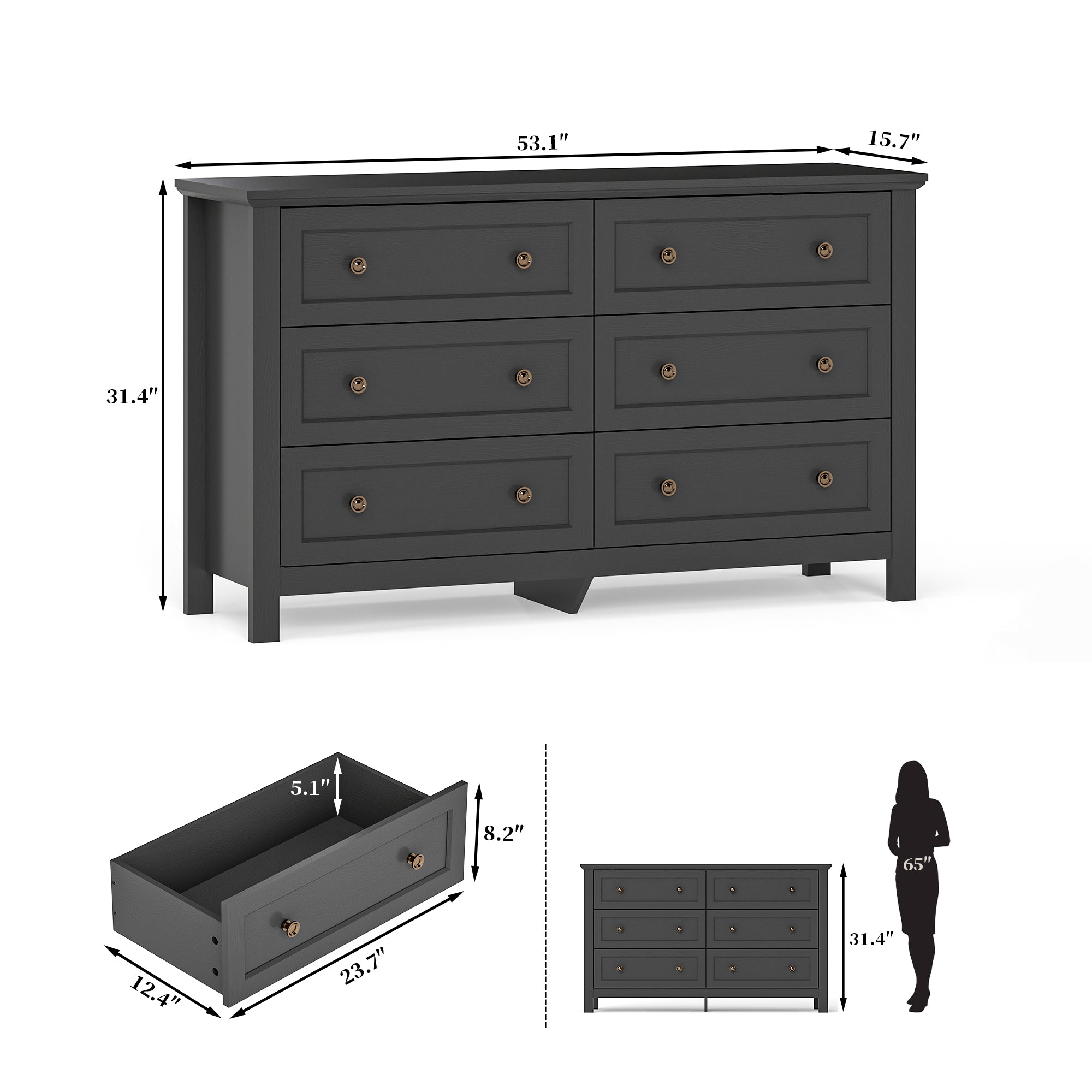 Goealvce 6 Drawer Dresser for Bedroom, Wood Chest of Drawer with Large Storage Space, Retro Storage Cabinet for Living Room, Black