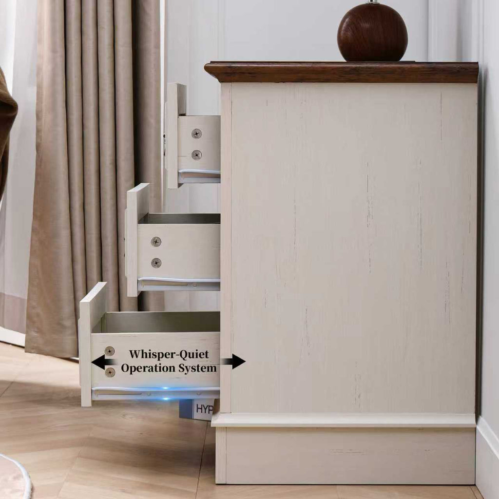 FIAKOA Farmhouse 3 Drawer Nightstand set of 2 for Bedroom, Rustic Bedside Table for Livingroom, White