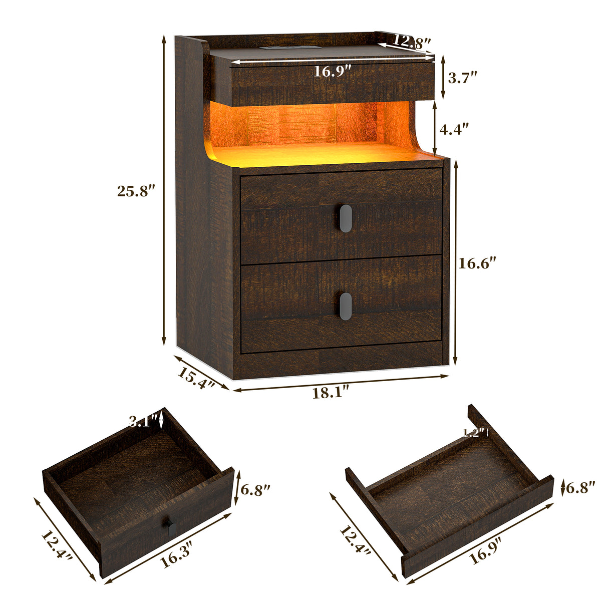 Goealvce 2 Drawer Nightstands for Bedroom Set of 2 with Charging Station & LED Lights, Farmhouse Night Stand with Open Shelf, wood Rustic Bedside Table Night Stands for Bedroom, Walnut Brown