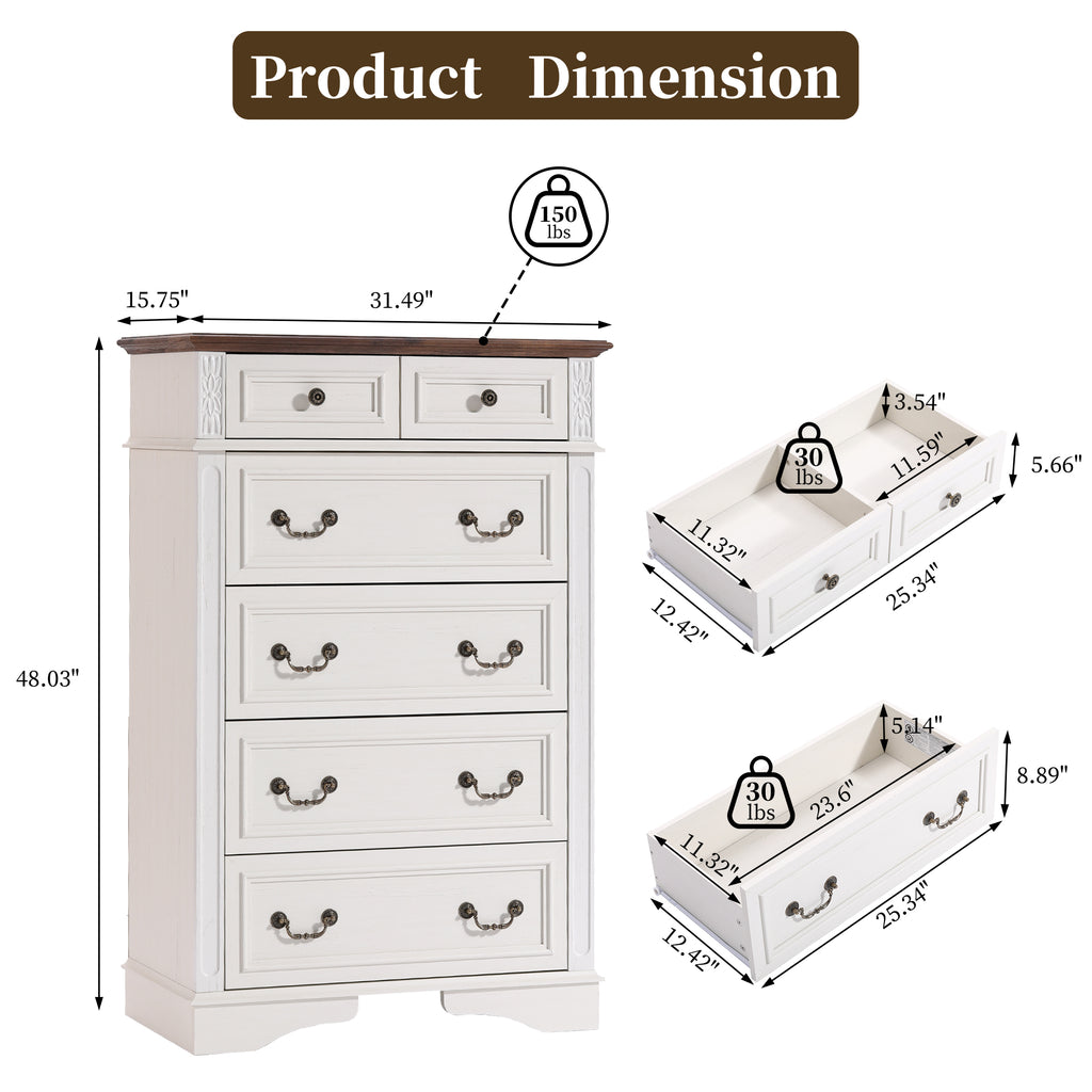 FIAKOA 48” Tall 6 Drawer Dresser for Bedroom, Farmhouse Storage Chest of Drawers for Livingroom, White