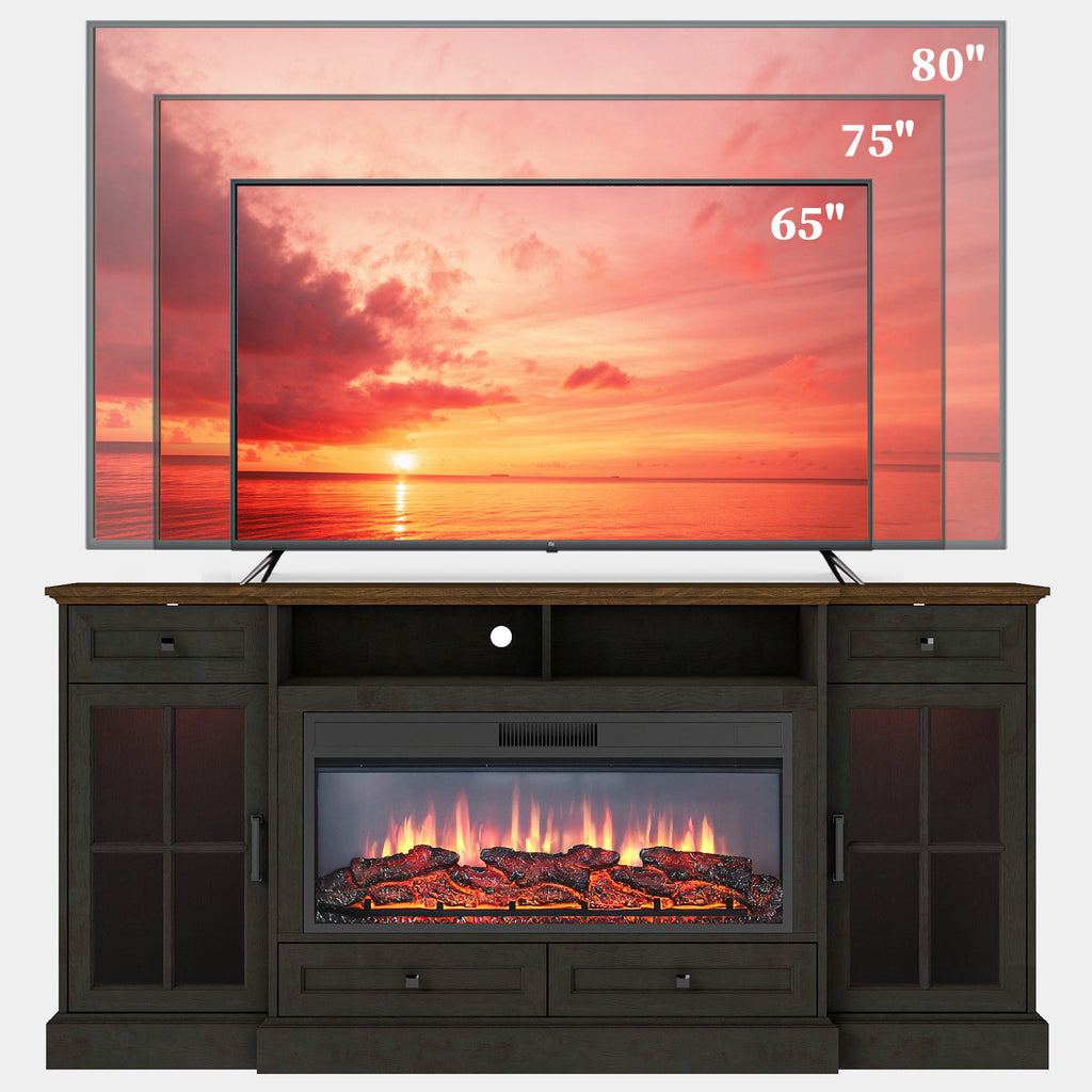FIAKOA 70” electric Fireplace TV Stand for 75" TVs, Fireplace Entertainment Center with LED Lights,Wood TV Stand with 34" Fireplace for Living Room, Espresso