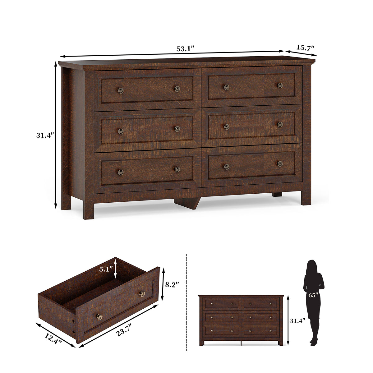 Goealvce 6 Drawer Dresser for Bedroom, Wood Chest of Drawer with Large Storage Space, Retro Storage Cabinet for Living Room, Walnut Brown