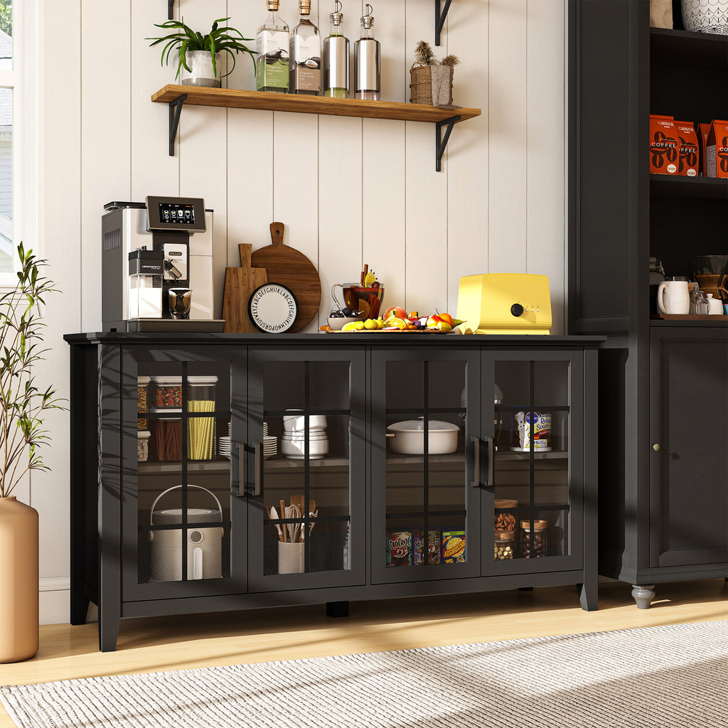 FIAKOA 63" Farmhouse Buffet Cabinet with Storage, Large Wood Sideboard Cabinet with Glass Doors, Kitchen Coffee Bar Cabinet for Dining Room, Black