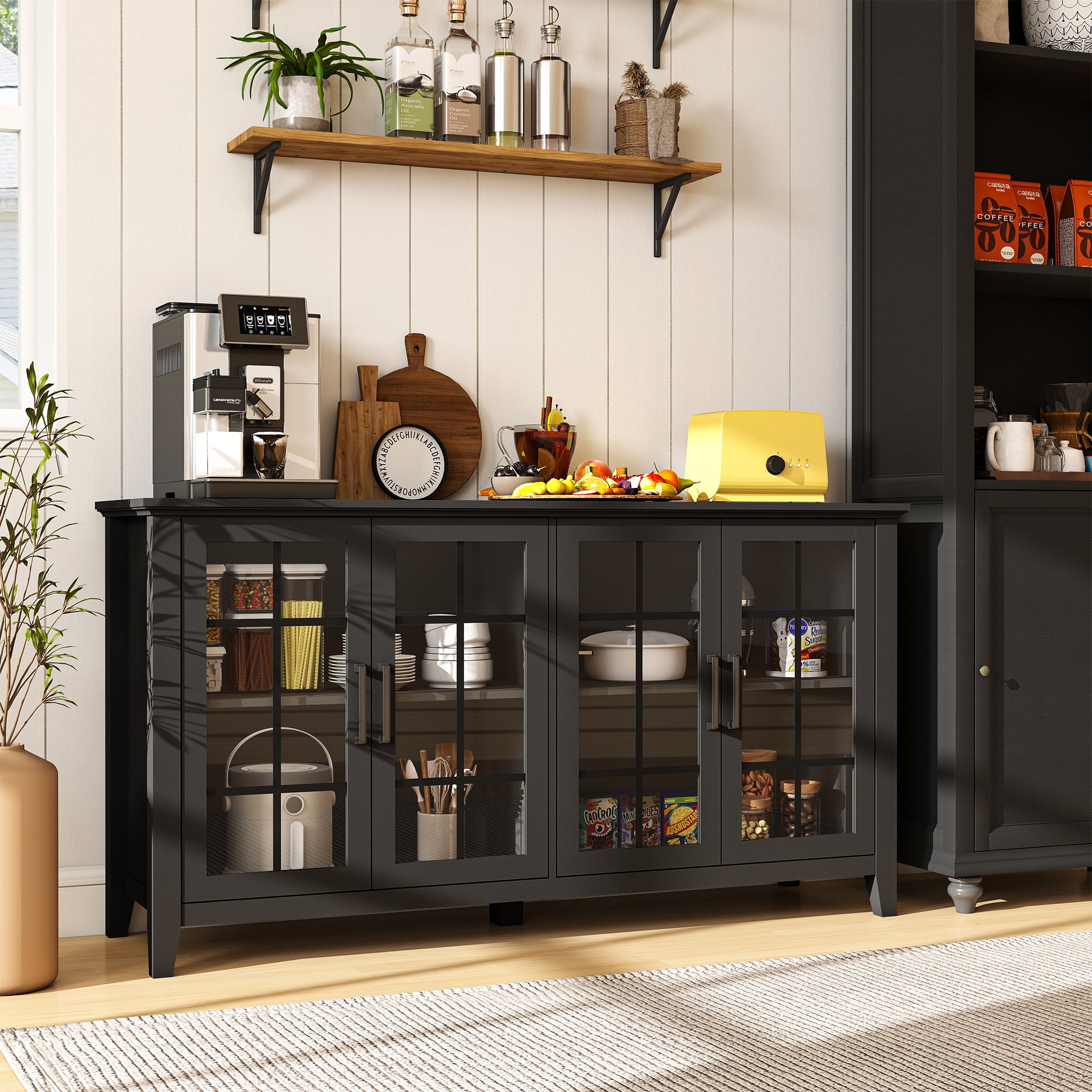 FIAKOA 63" Farmhouse Buffet Cabinet with Storage, Large Wood Sideboard Cabinet with Glass Doors, Kitchen Coffee Bar Cabinet for Dining Room, Black