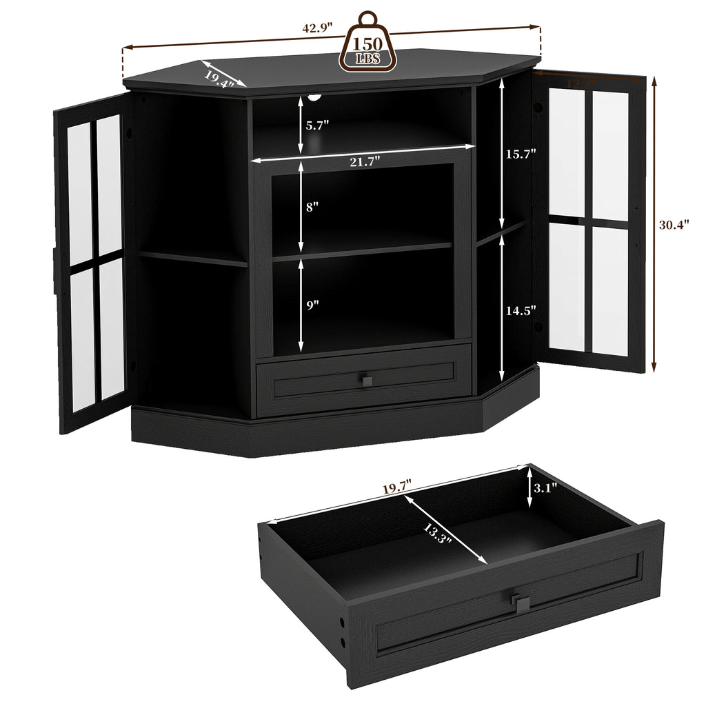 FIAKOA Farmhouse Corner TV Stand for 50 inch TV, Mid Century Entertainment Center with Glass Door, Modern Media Console Table for Living Room, Black