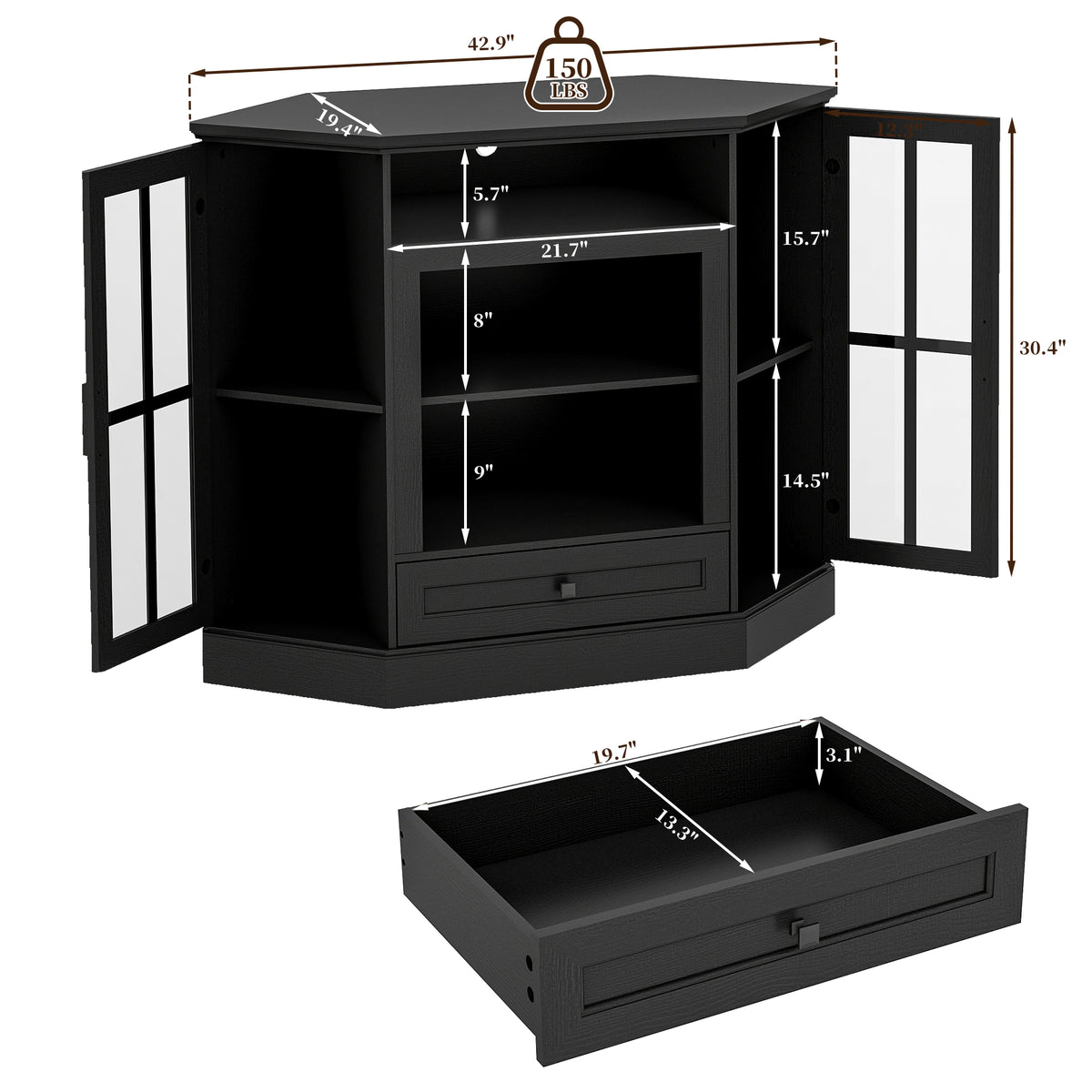 FIAKOA Farmhouse Corner TV Stand for 50 inch TV, Mid Century Entertainment Center with Glass Door, Modern Media Console Table for Living Room, Black