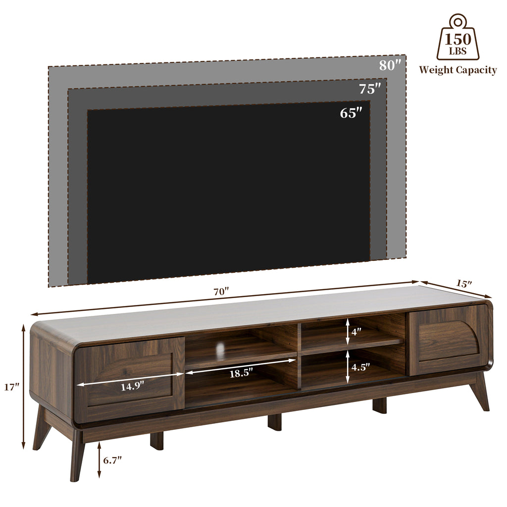 FIAKOA 70 inch Farmhouse TV Stand for 75 inch TV, Mid Century Entertainment Center with Movable Door & Adjustable Shelf, Modern Media Console Table for Living Room, Walnut Brown