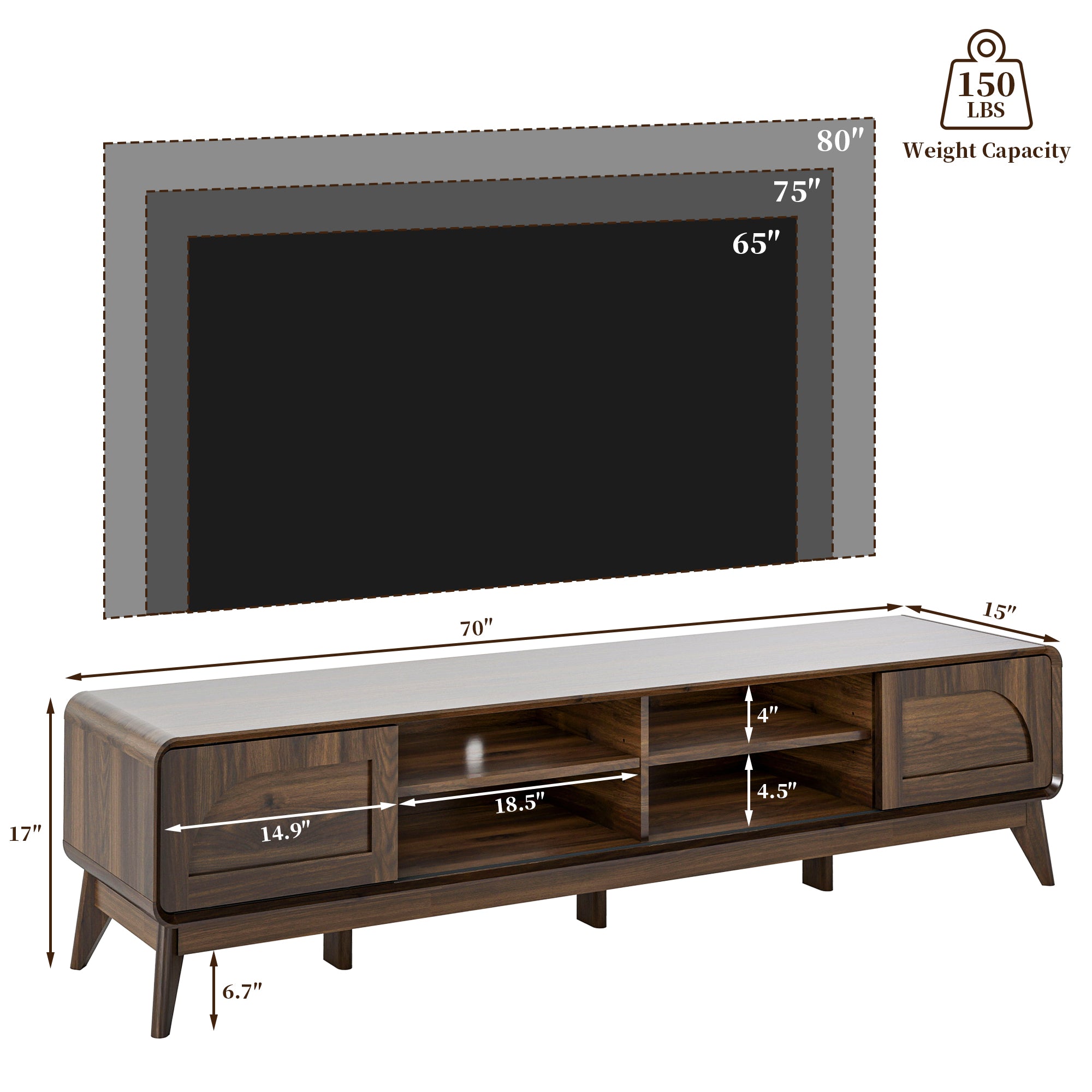 FIAKOA 70 inch Farmhouse TV Stand for 75 inch TV, Mid Century Entertainment Center with Movable Door & Adjustable Shelf, Modern Media Console Table for Living Room, Walnut Brown