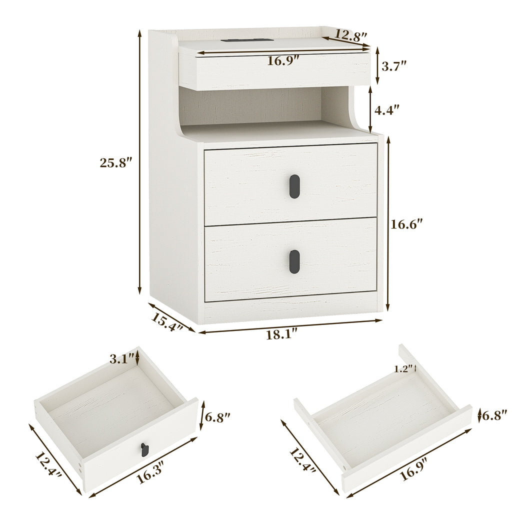 Goealvce 2 Drawer Nightstands for Bedroom Set of 2 with Charging Station & LED Lights, Farmhouse White Night Stand with Open Shelf, wood Rustic Bedside Table Night Stands for Bedroom