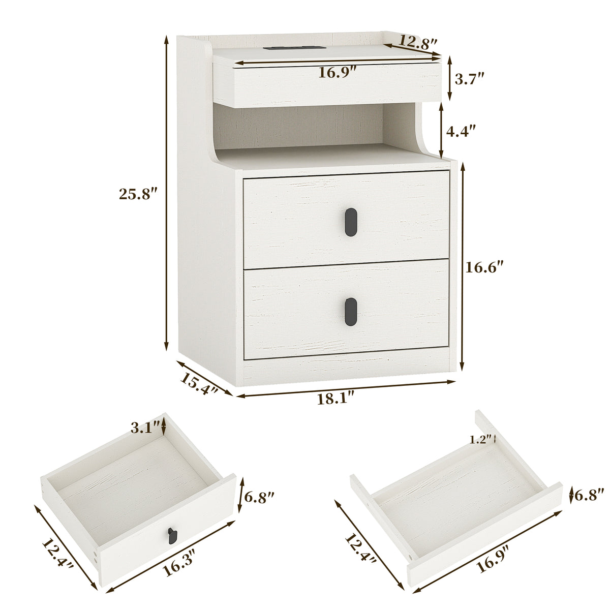 Goealvce 2 Drawer Nightstands for Bedroom Set of 2 with Charging Station & LED Lights, Farmhouse White Night Stand with Open Shelf, wood Rustic Bedside Table Night Stands for Bedroom
