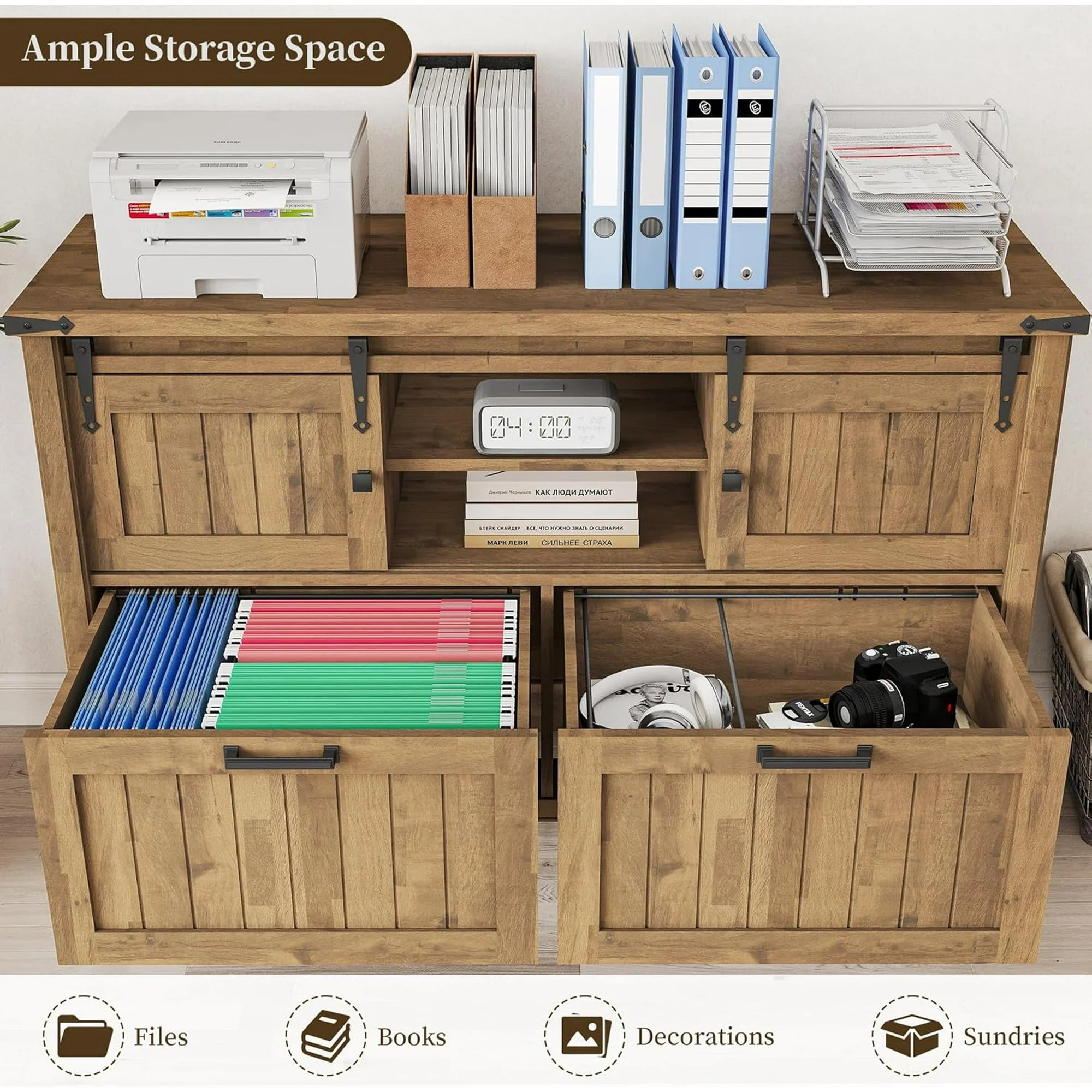 FIAKOA Farmhouse 2-Drawer Lateral File Cabinet, Filing Cabinet with Sliding Doors & Charge Station, Printer Stand Cabinets for Home Office, Brown