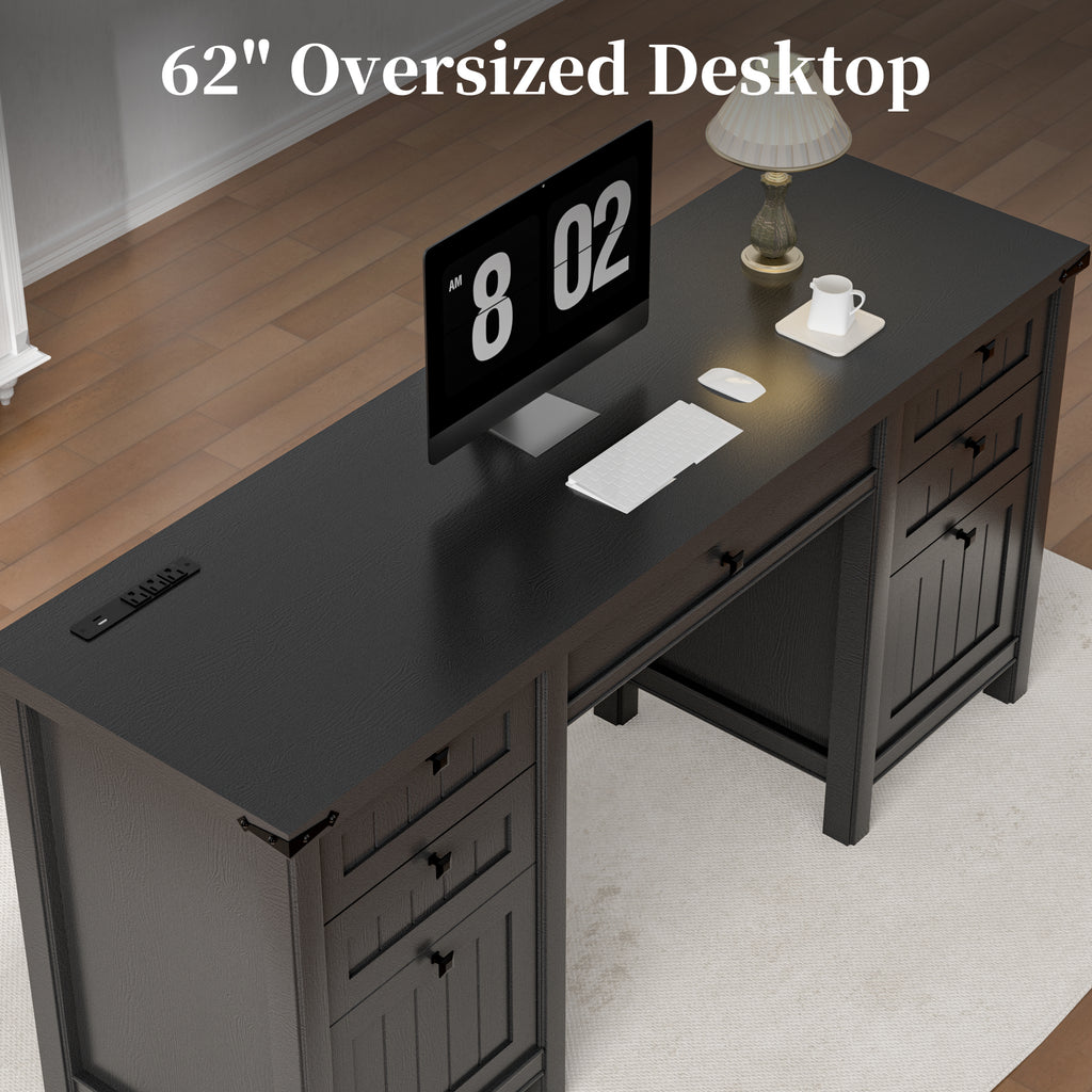 FIAKOA 62" Executive Desk, Modern Farmhouse Computer Desk with Drawers & Cabinet,Home Office Desk Writing Workspace for Work Study,Black