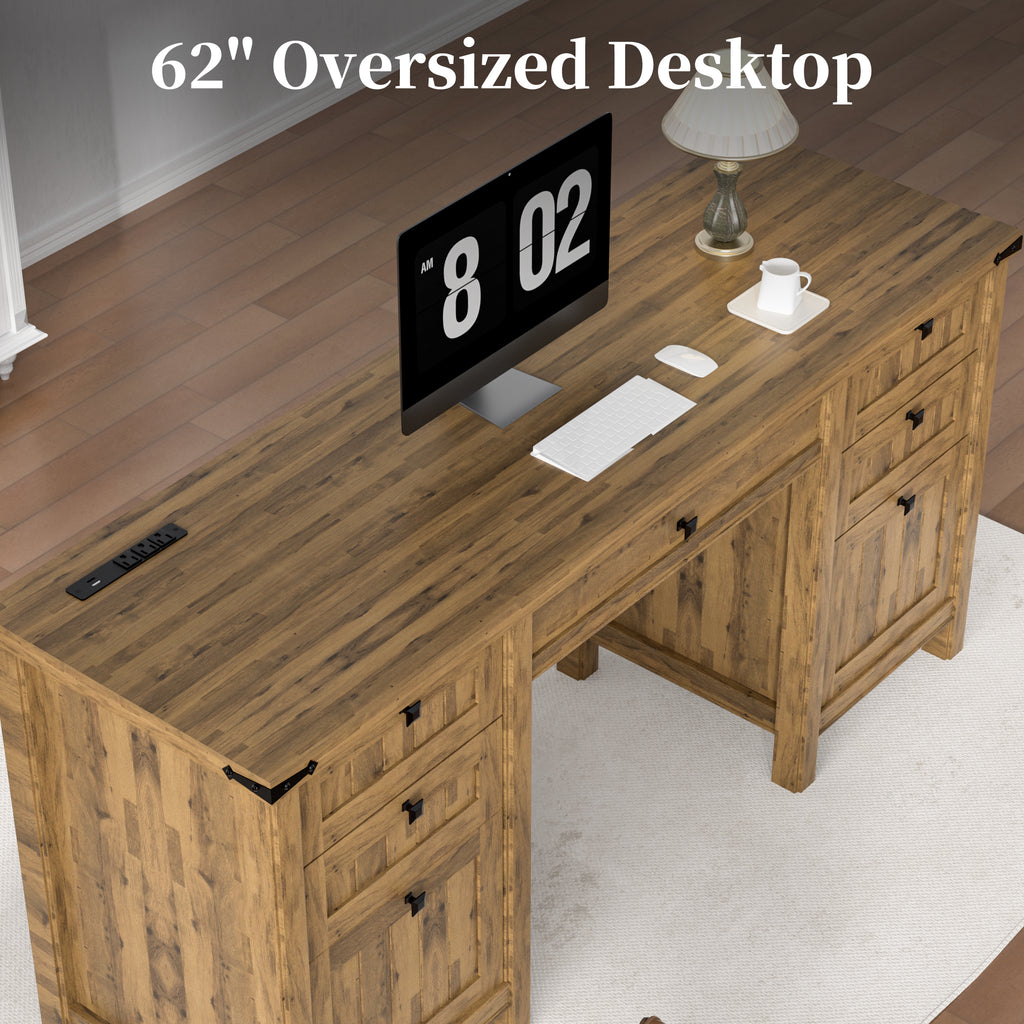 FIAKOA 62" Executive Desk, Modern Farmhouse Computer Desk with Drawers & Cabinet,Home Office Desk Writing Workspace for Work Study,Brown