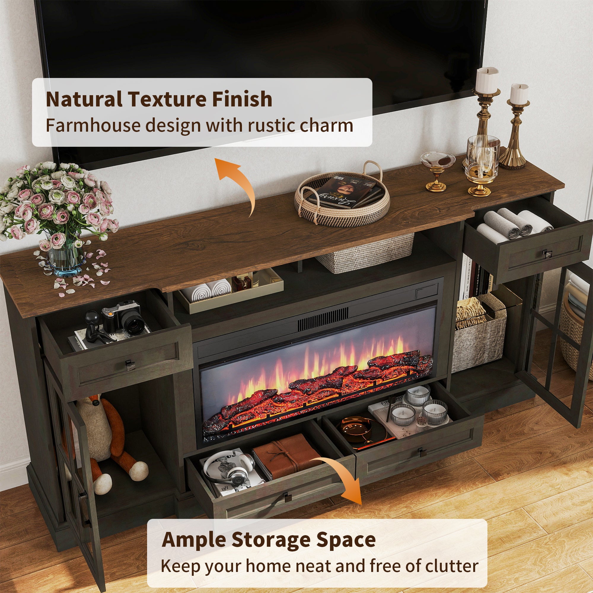 FIAKOA 70” electric Fireplace TV Stand for 75" TVs, Fireplace Entertainment Center with LED Lights,Wood TV Stand with 34" Fireplace for Living Room, Espresso