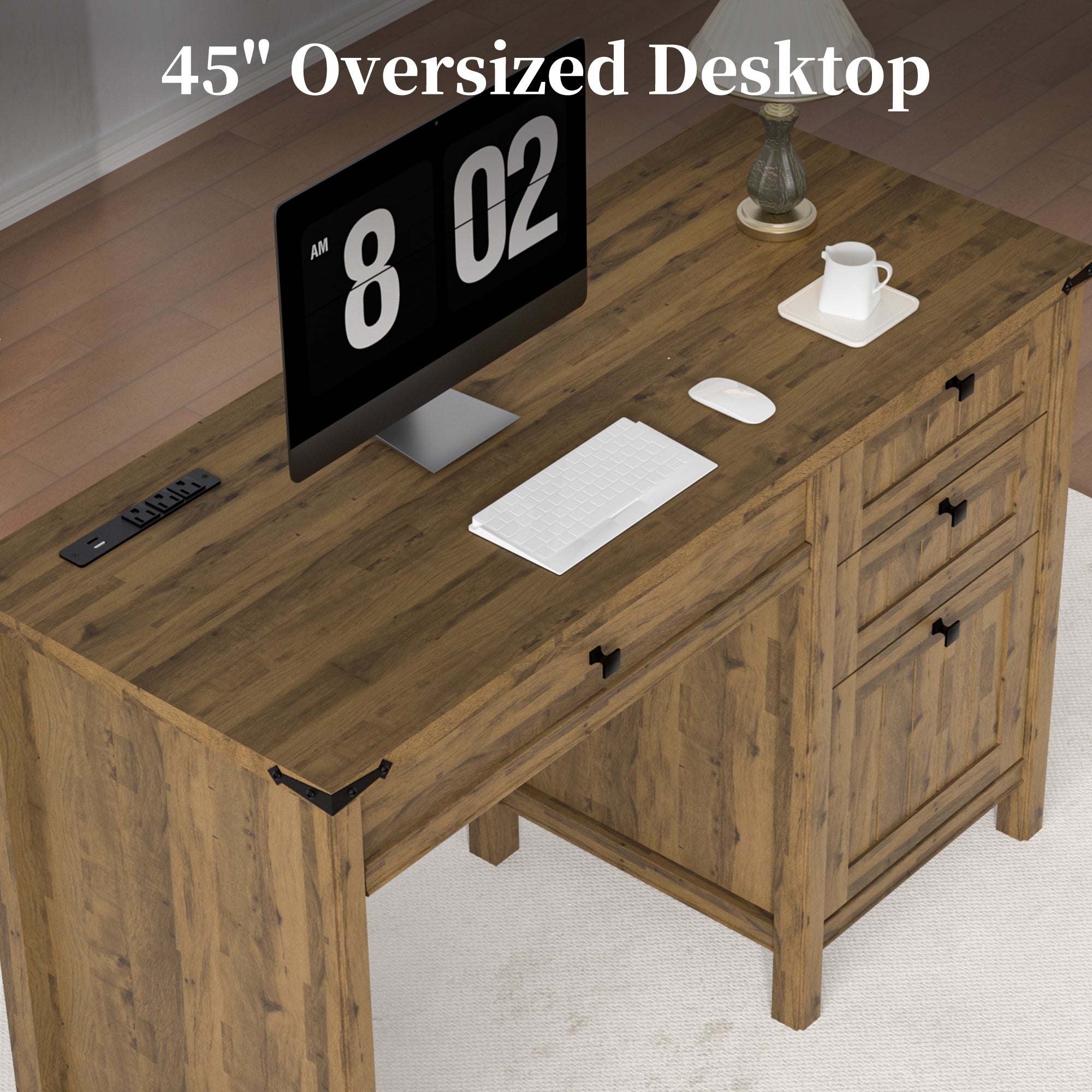 FIAKOA 45" Executive Desk, Modern Farmhouse Computer Desk with Drawers & Cabinet,Home Office Desk for Work Study,Brown