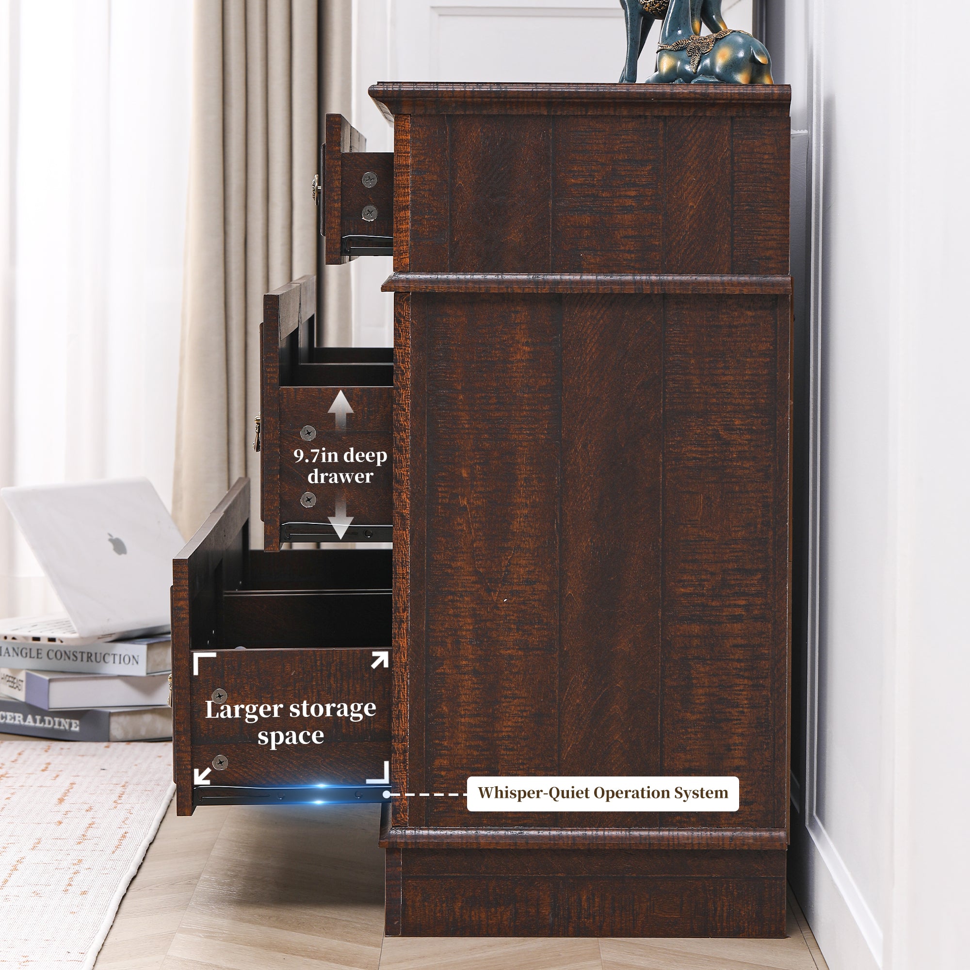 FIAKOA 7 Drawer Dresser for Bedroom, 55” W. Wood Farmhouse Tall Storage Chest of Drawers for Livingroom, Walnut Brown