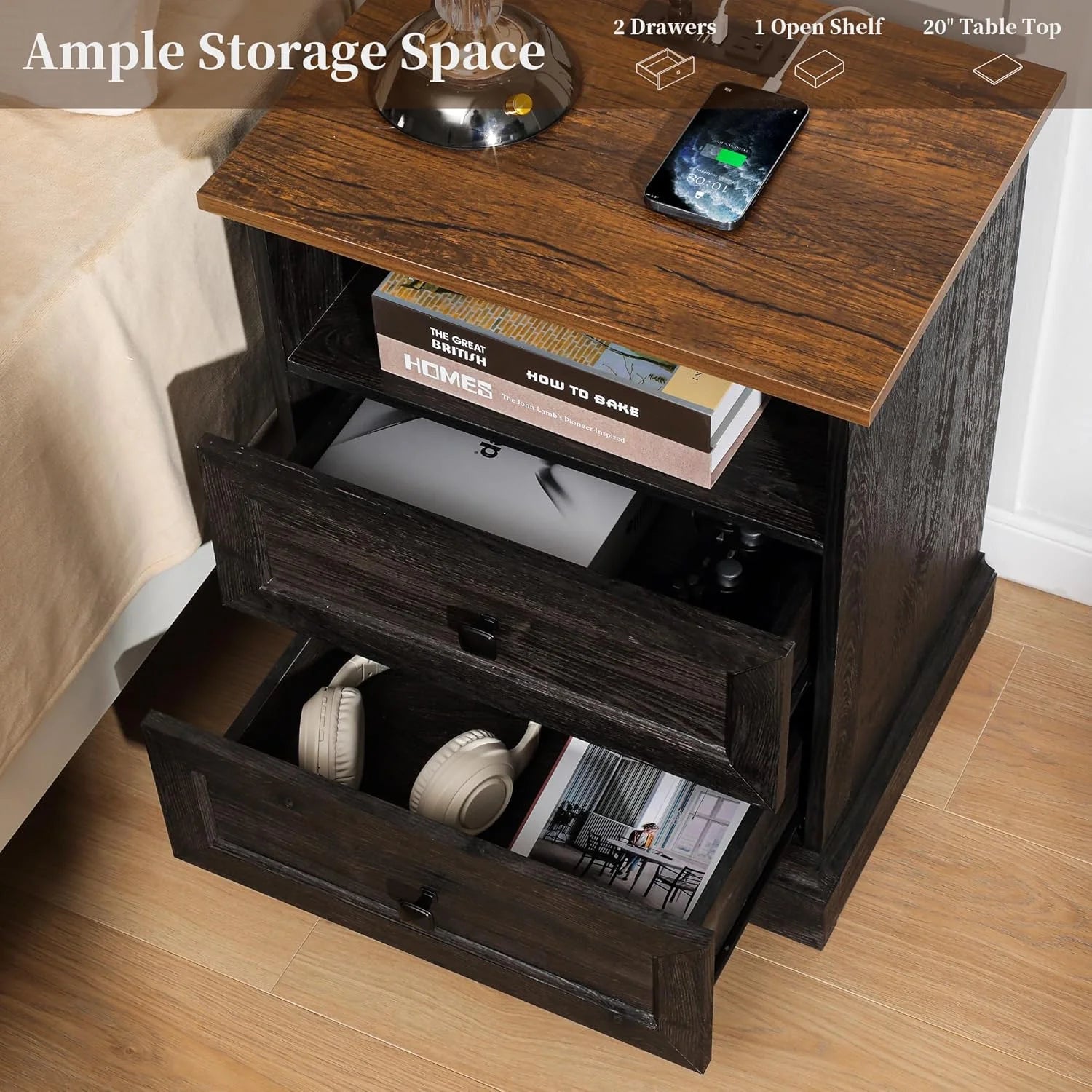 FIAKOA Night Stand with Charging Station,Bedside Table with 2 Drawers Storage and Open Shelf, Nightstand with Outlets, Modern Wood End Table for Bedroom Office (1, Espressor)