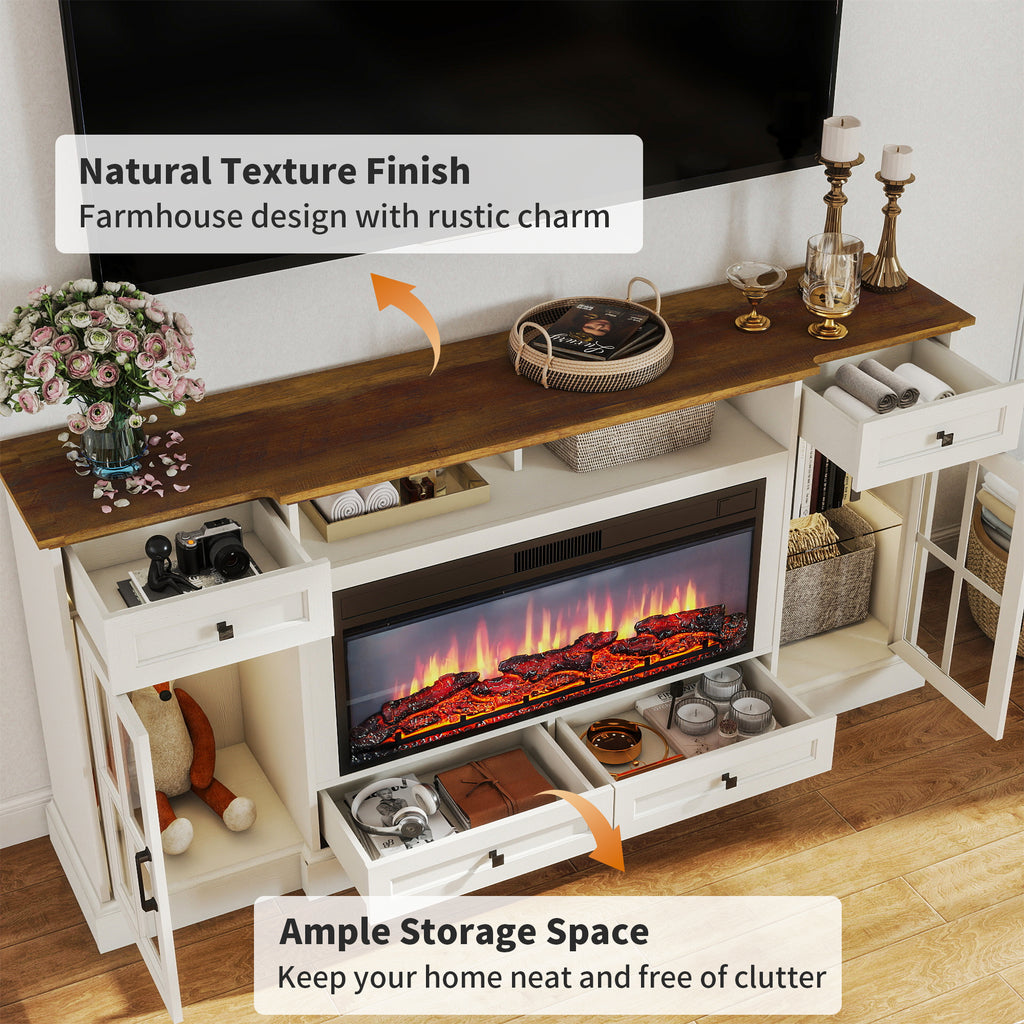 FIAKOA 70” electric Fireplace TV Stand for 75" TVs, Fireplace Entertainment Center with LED Lights,White TV Stand with 34" Fireplace for Living Room