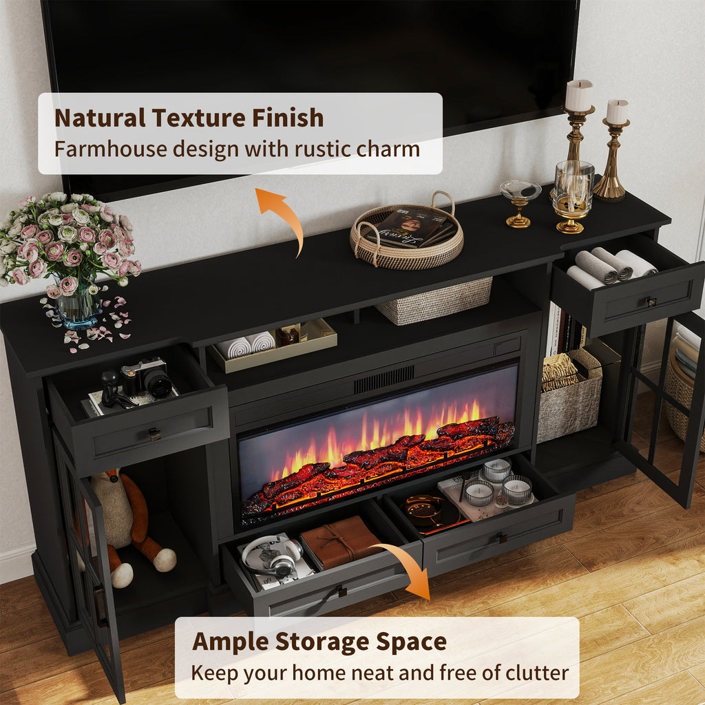 FIAKOA 70” electric Fireplace TV Stand for 75" TVs, Fireplace Entertainment Center with LED Lights, Wood TV Stand with 34" Fireplace for Living Room, Black