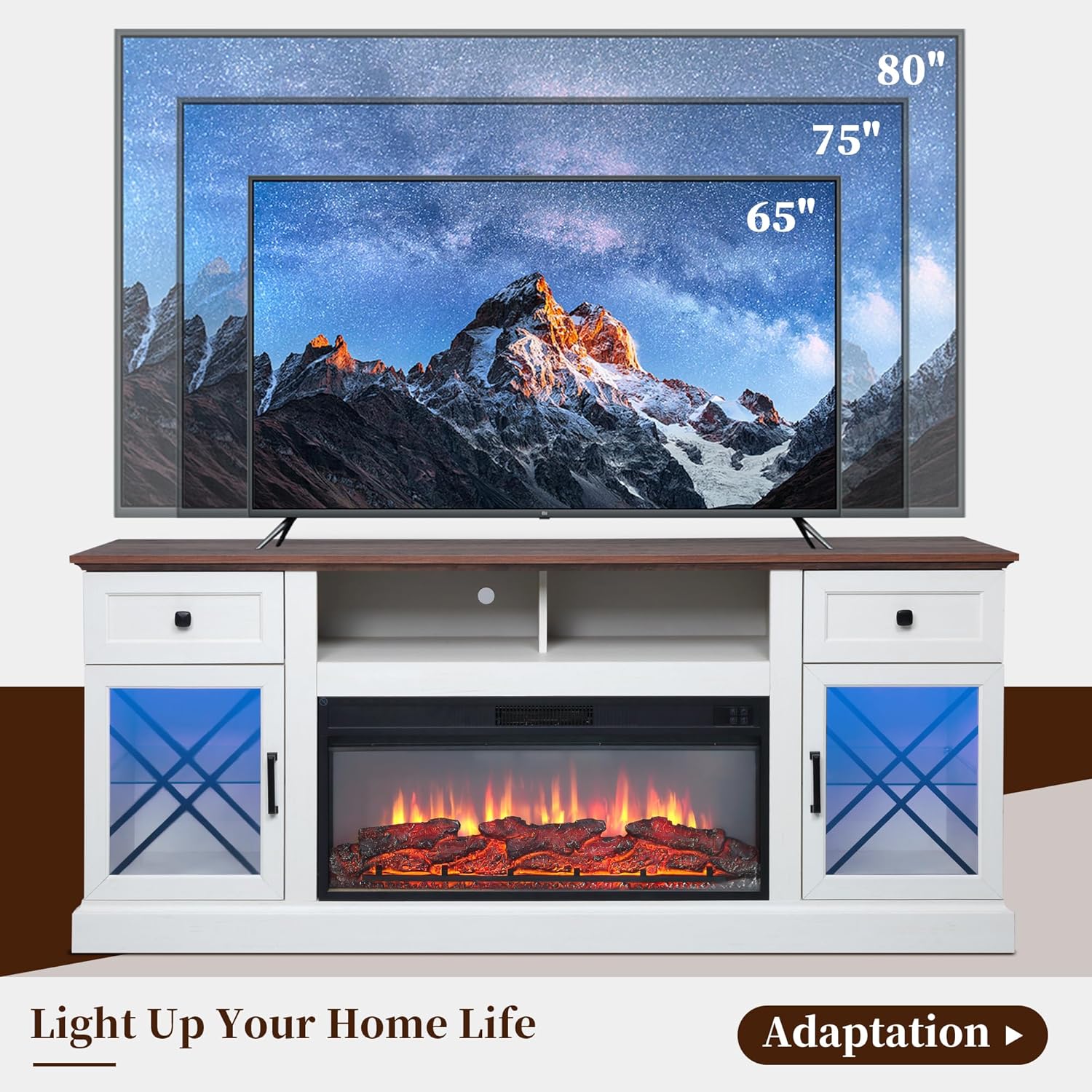 FIAKOA 70” Fireplace TV Stand for 80" TVs,Fireplace Entertainment Center with LED Lights,TV Console with 34" Electric Fireplace for Living Room,White