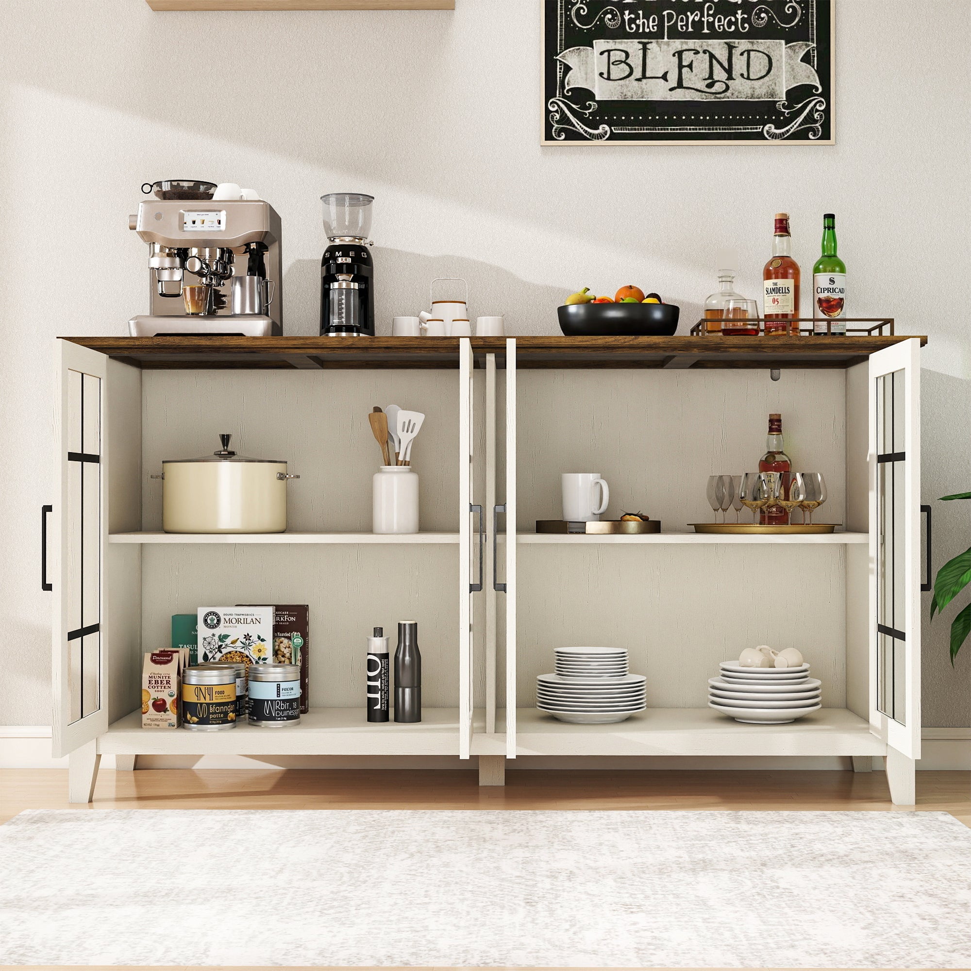 FIAKOA 63" Farmhouse Buffet Cabinet with Storage, Large White Sideboard Cabinet with Glass Doors, Kitchen Coffee Bar Cabinet for Dining Room