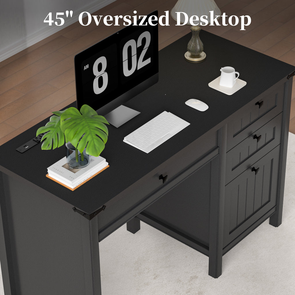 FIAKOA 45" Executive Desk, Modern Farmhouse Computer Desk with Drawers & Cabinet,Home Office Desk Writing Workspace for Work Study,Black