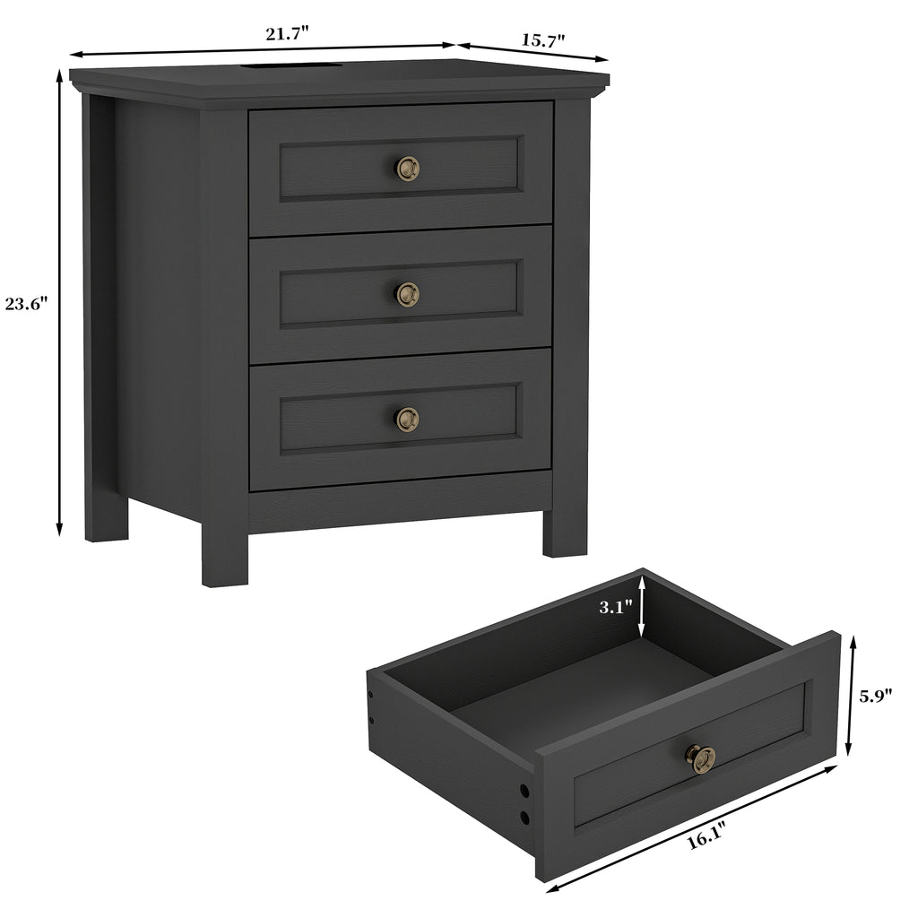Goealvce 3 Drawer Nightstands for Bedroom Set of 2 , Farmhouse Night Stand with Charging Station, wood Rustic Bedside Table Night Stands for Bedroom, Living Room, Black