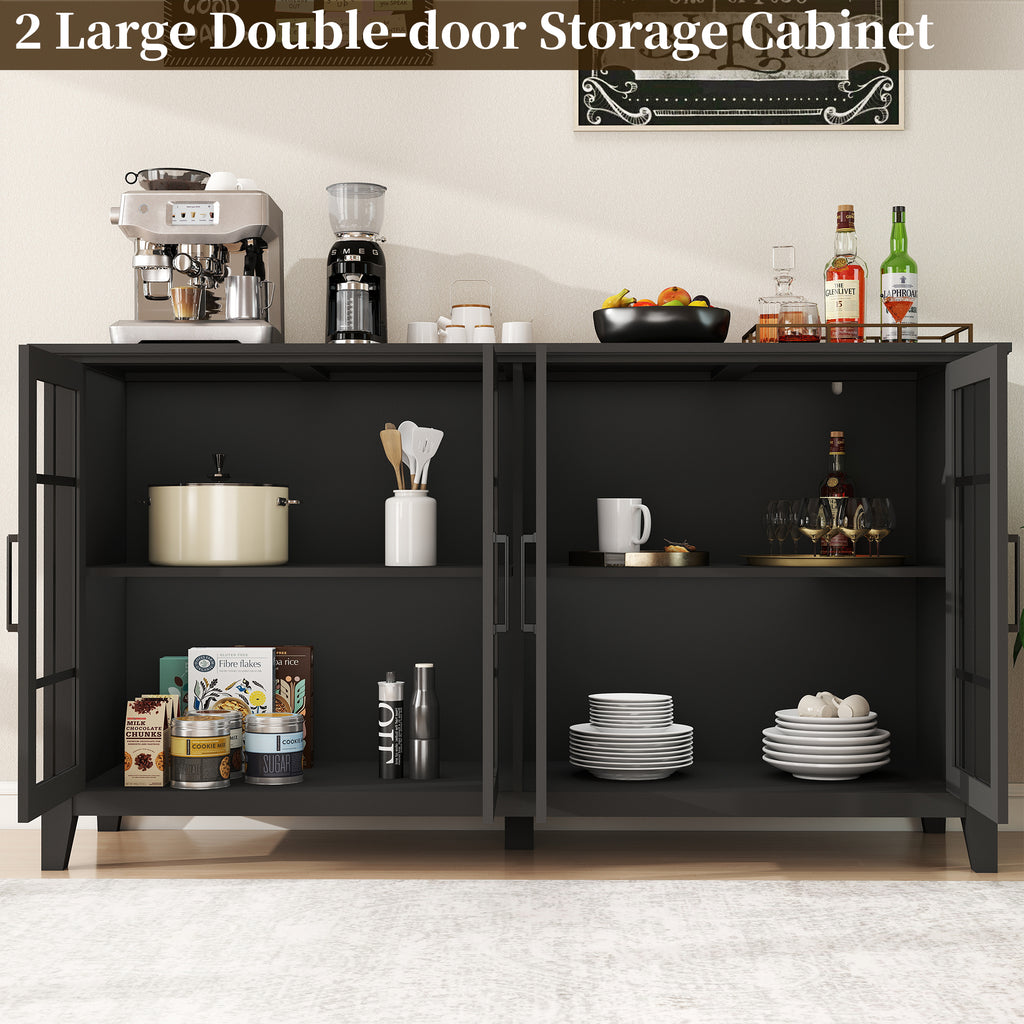 FIAKOA 63" Farmhouse Buffet Cabinet with Storage, Large Wood Sideboard Cabinet with Glass Doors, Kitchen Coffee Bar Cabinet for Dining Room, Black
