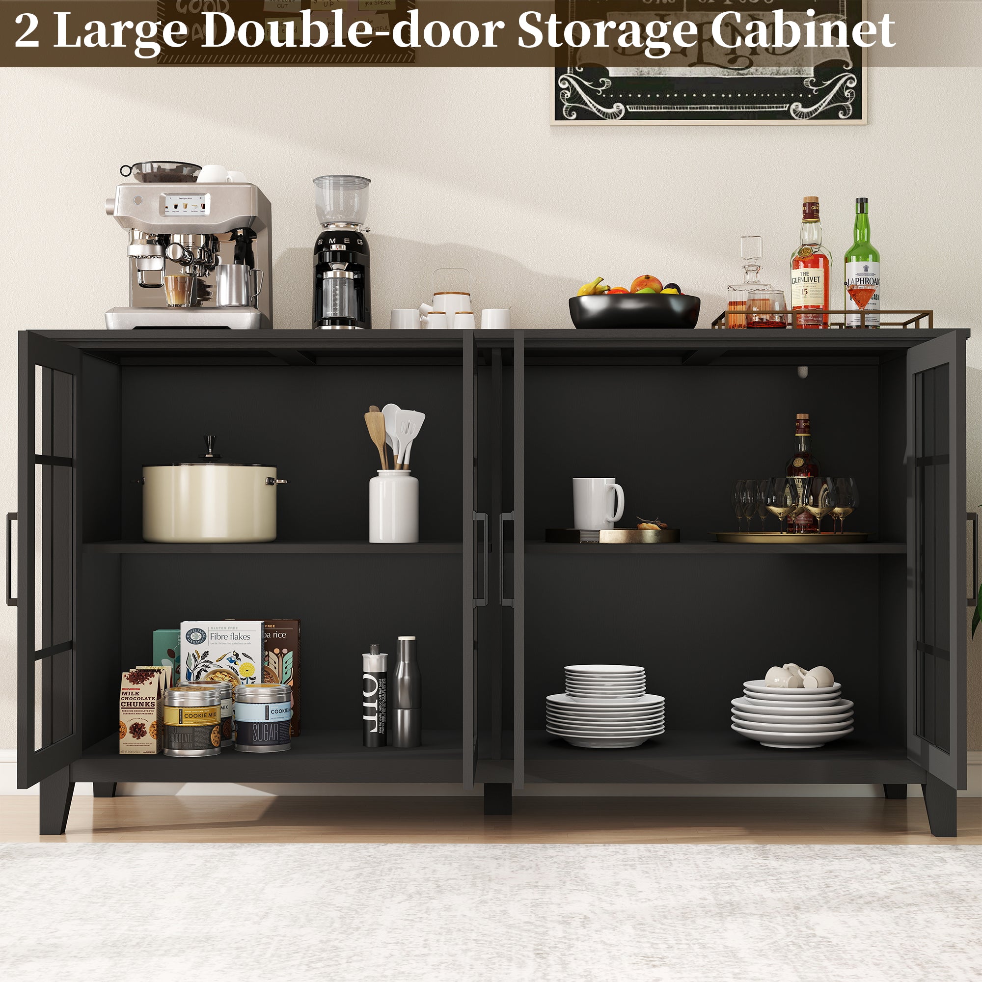 FIAKOA 63" Farmhouse Buffet Cabinet with Storage, Large Wood Sideboard Cabinet with Glass Doors, Kitchen Coffee Bar Cabinet for Dining Room, Black