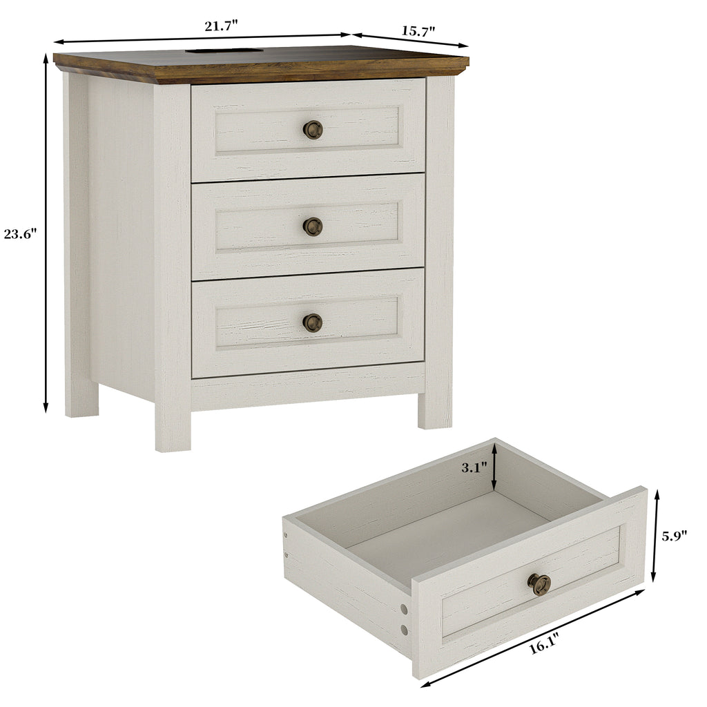 Goealvce 3 Drawer Nightstands for Bedroom Set of 2 , Farmhouse White Night Stand with Charging Station, wood Rustic Bedside Table Night Stands for Bedroom, Living Room, Nursery, Dorm