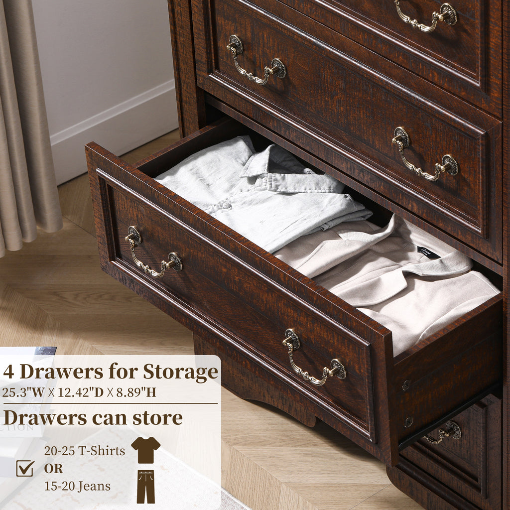 FIAKOA Bedroom Dresser Set & Nightstands set, Farmhouse Complete Bedroom Furniture Set with Spacious Storage, 4 Piece, Walnut Brown