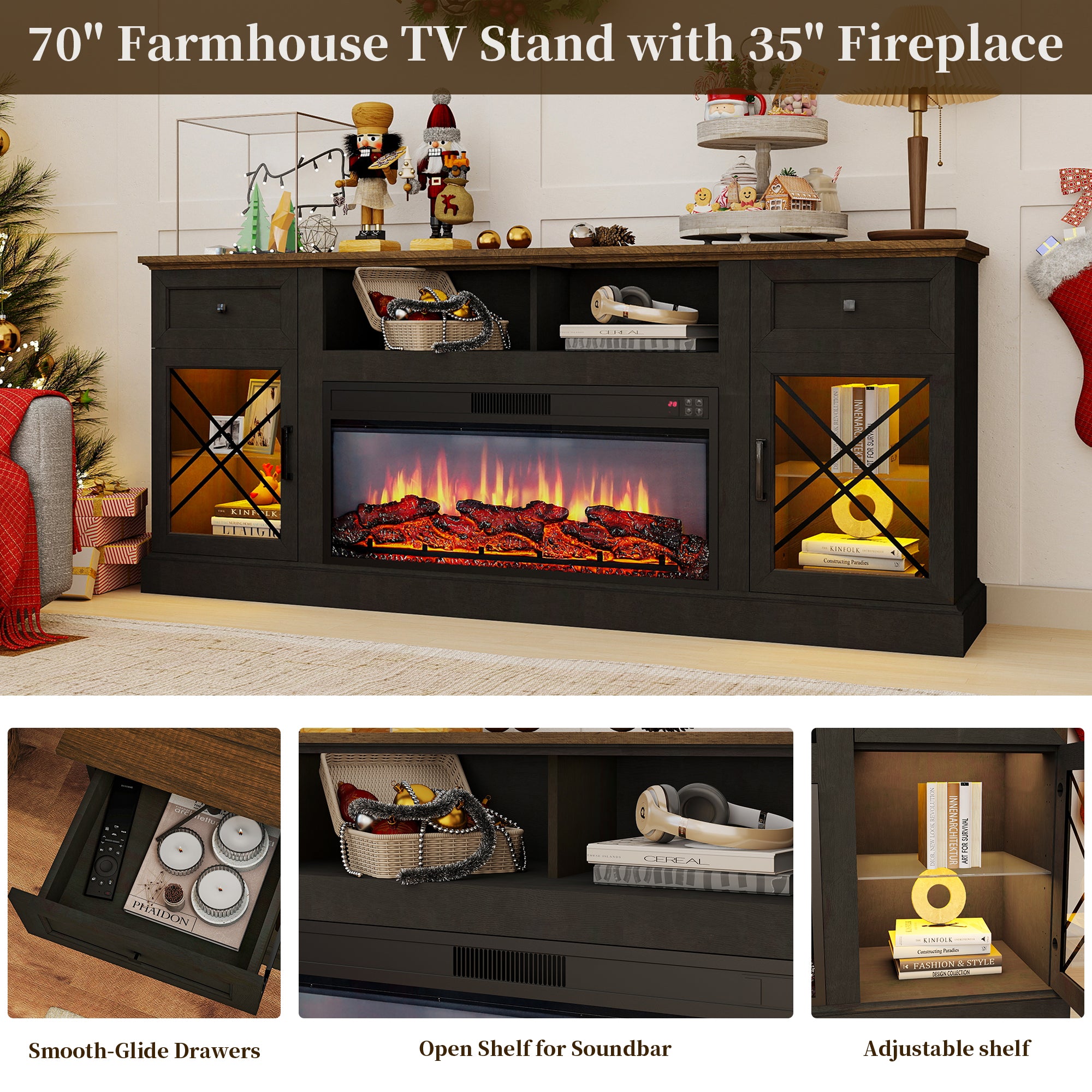 FIAKOA 70” Fireplace TV Stand for 80" TVs,Fireplace Entertainment Center with LED Lights,TV Console with 34" Electric Fireplace for Living Room,Black Brown