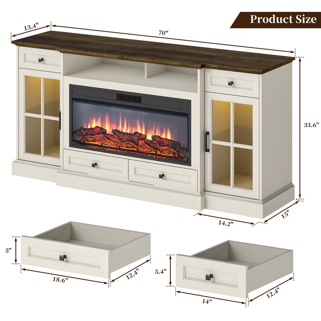 FIAKOA 70” electric Fireplace TV Stand for 75" TVs, Fireplace Entertainment Center with LED Lights,White TV Stand with 34" Fireplace for Living Room