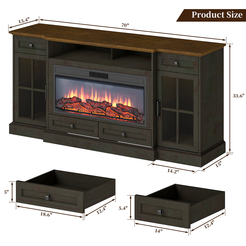 FIAKOA 70” electric Fireplace TV Stand for 75" TVs, Fireplace Entertainment Center with LED Lights,Wood TV Stand with 34" Fireplace for Living Room, Espresso
