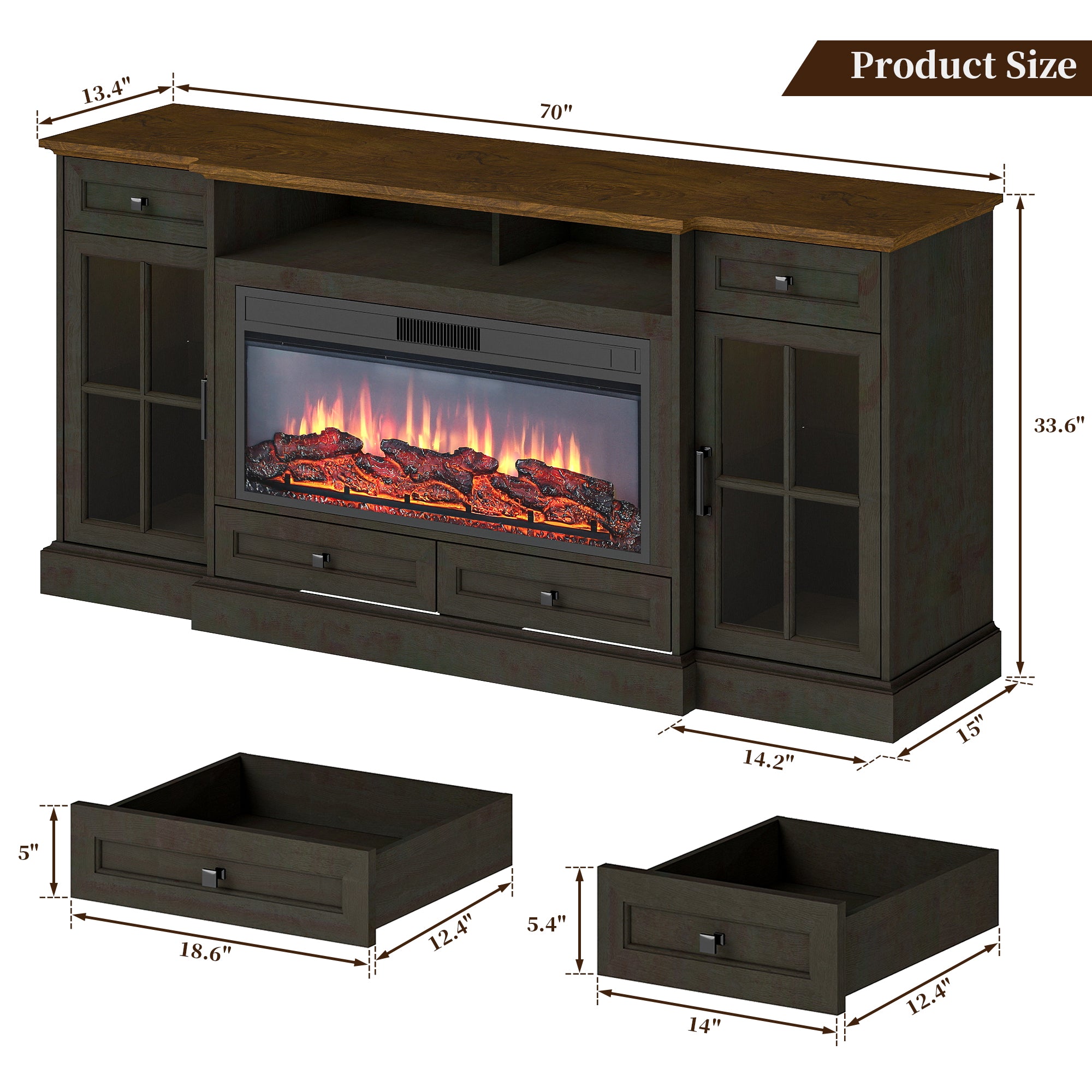 FIAKOA 70” electric Fireplace TV Stand for 75" TVs, Fireplace Entertainment Center with LED Lights,Wood TV Stand with 34" Fireplace for Living Room, Espresso
