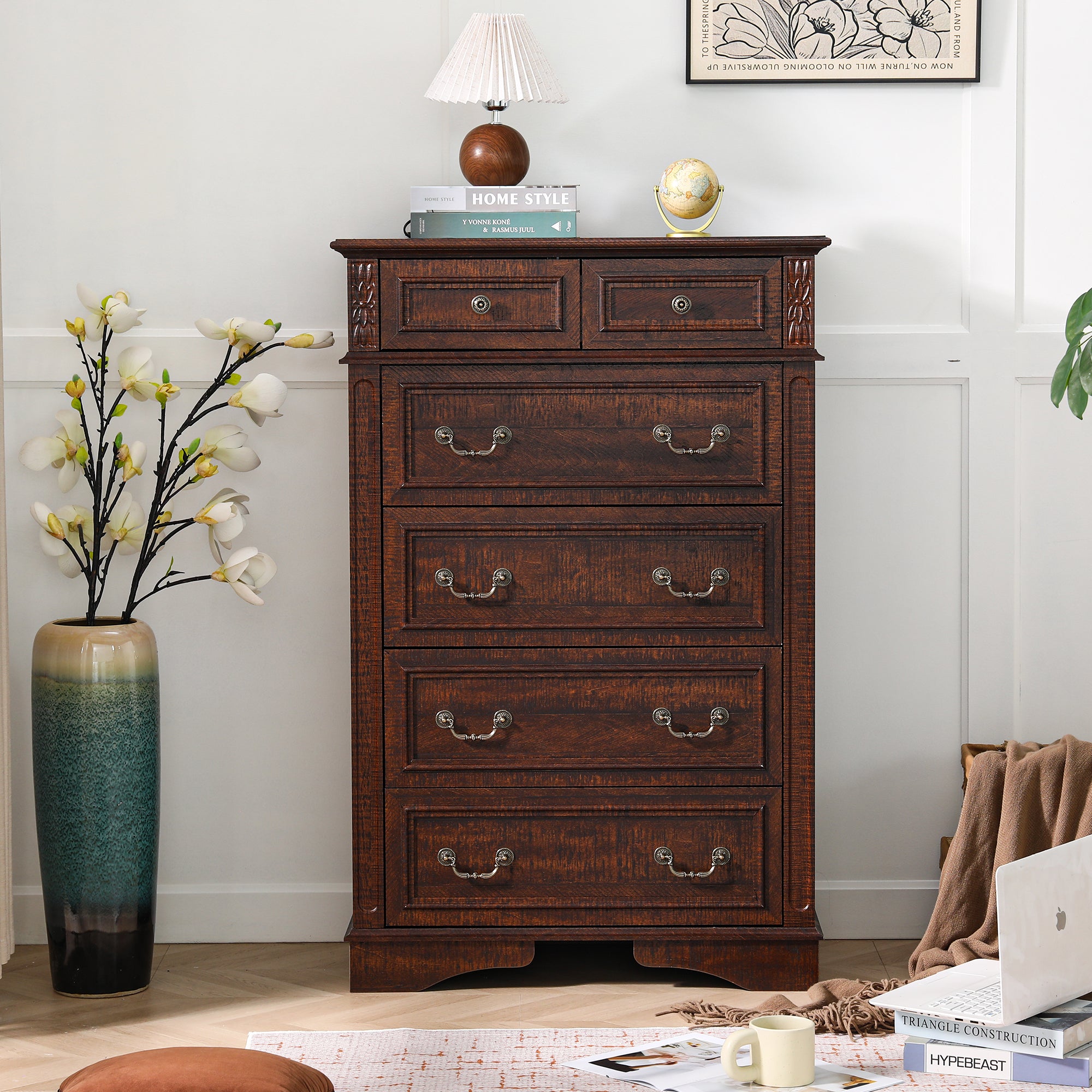 FIAKOA 48” Tall 6 Drawer Dresser for Bedroom, Farmhouse Storage Chest of Drawers for Livingroom, Walnut Brown