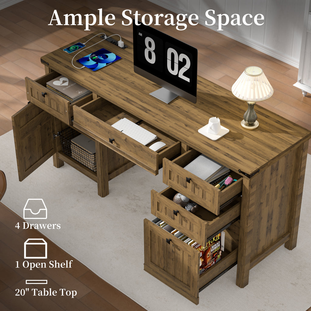 FIAKOA 62" Executive Desk, Modern Farmhouse Computer Desk with Drawers & Cabinet,Home Office Desk Writing Workspace for Work Study,Brown