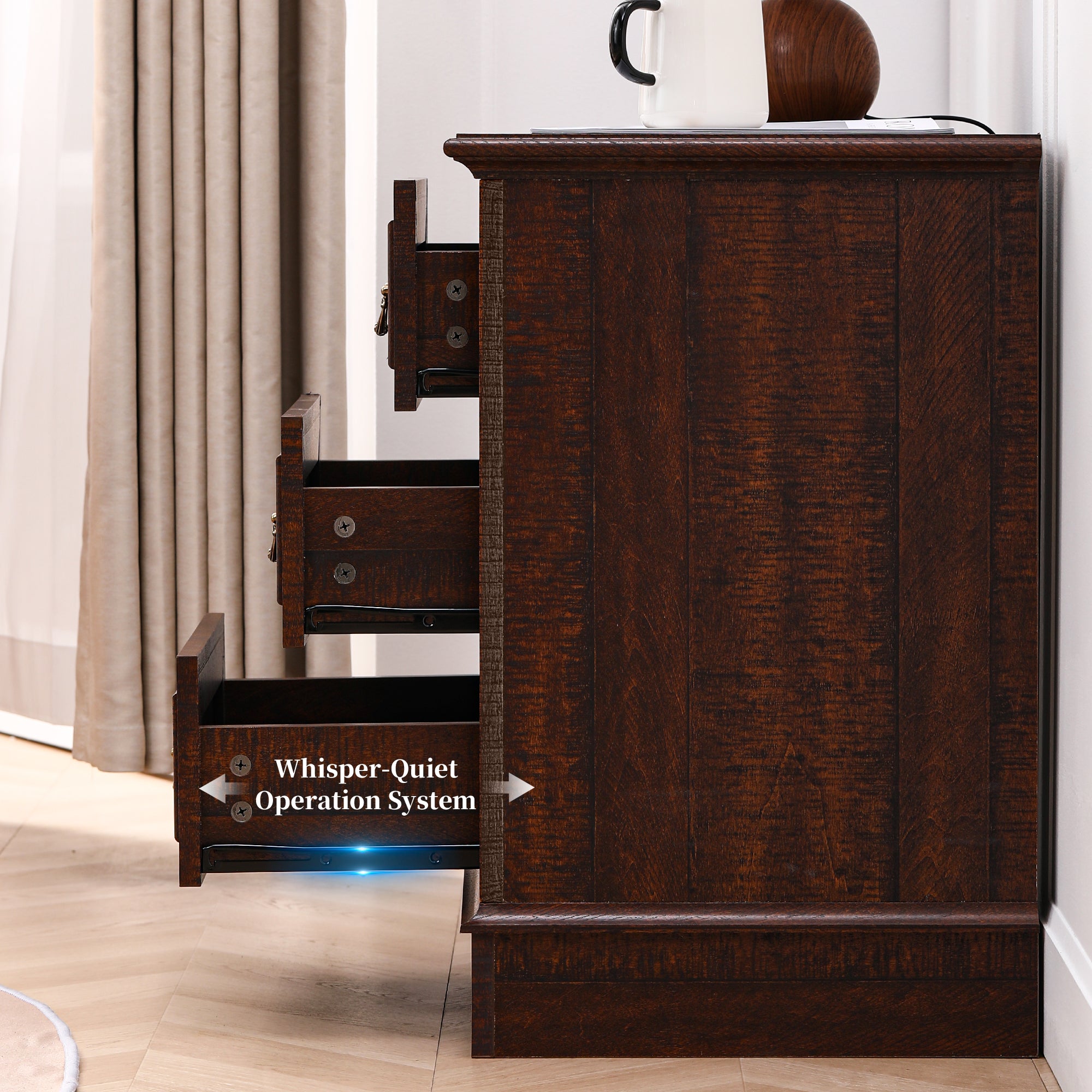 FIAKOA Farmhouse 3 Drawer Nightstand with Charging Station for Bedroom, Rustic Bedside Table for Livingroom, Walnut Brown