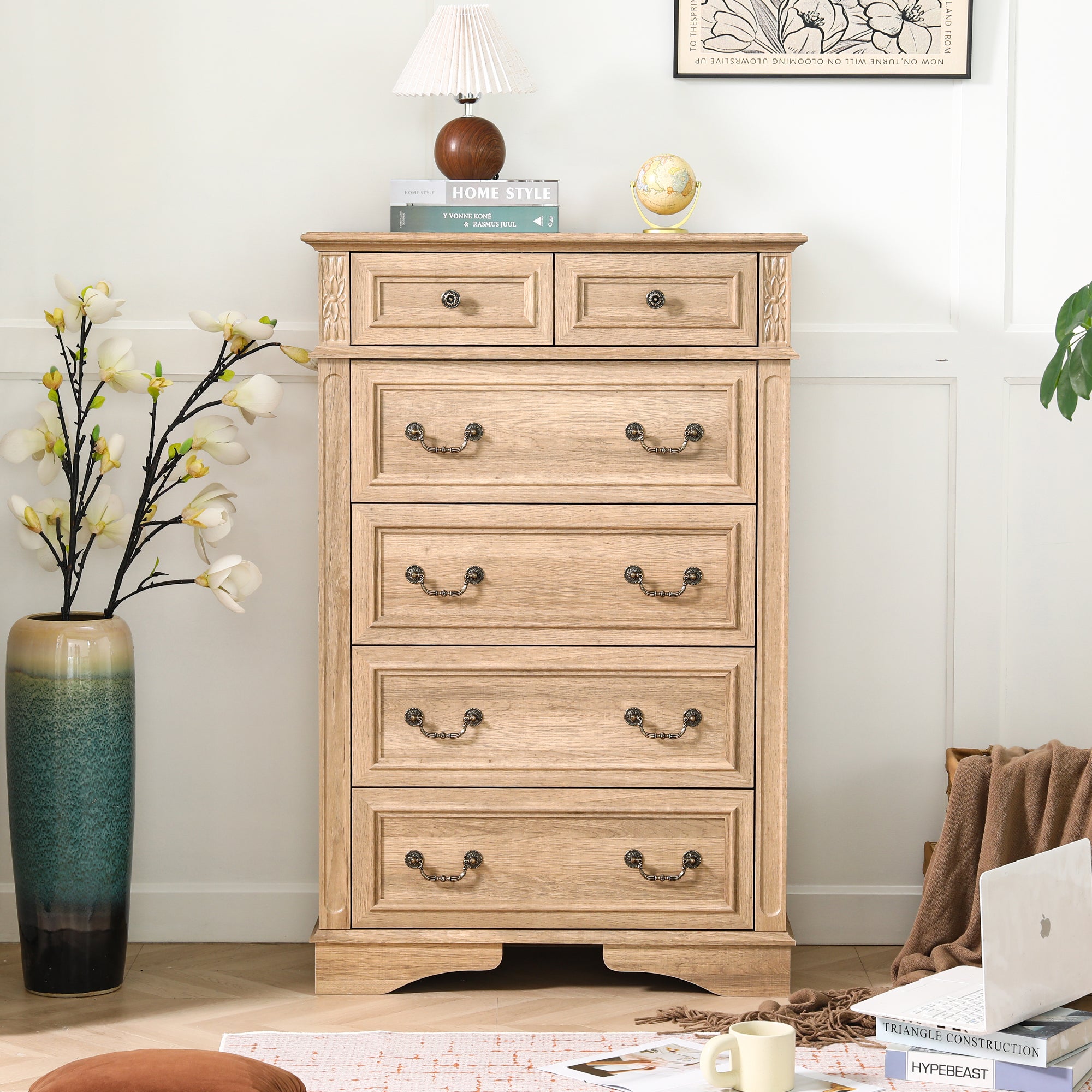 FIAKOA 48” Tall 6 Drawer Dresser for Bedroom, Farmhouse Storage Chest of Drawers for Livingroom, Oak