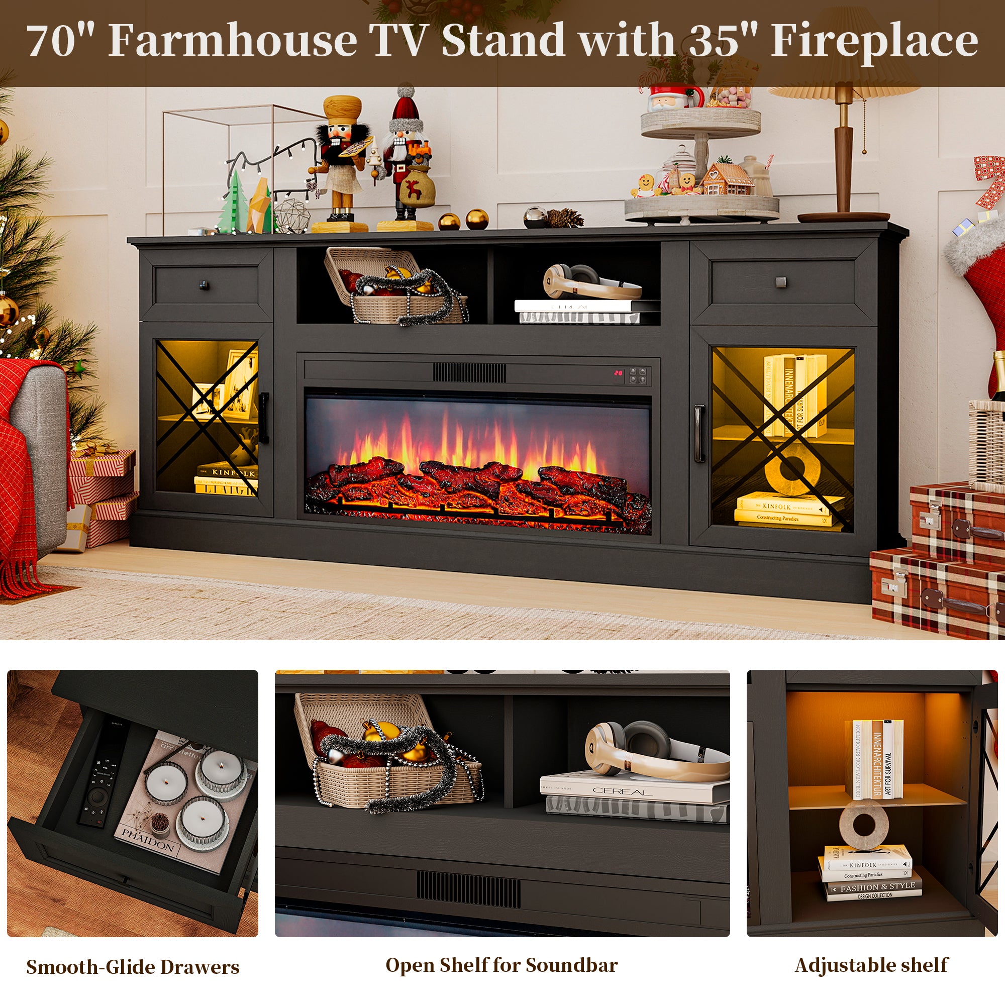 FIAKOA 70” Fireplace TV Stand for 80" TVs,Fireplace Entertainment Center with LED Lights,TV Console with 34" Electric Fireplace for Living Room