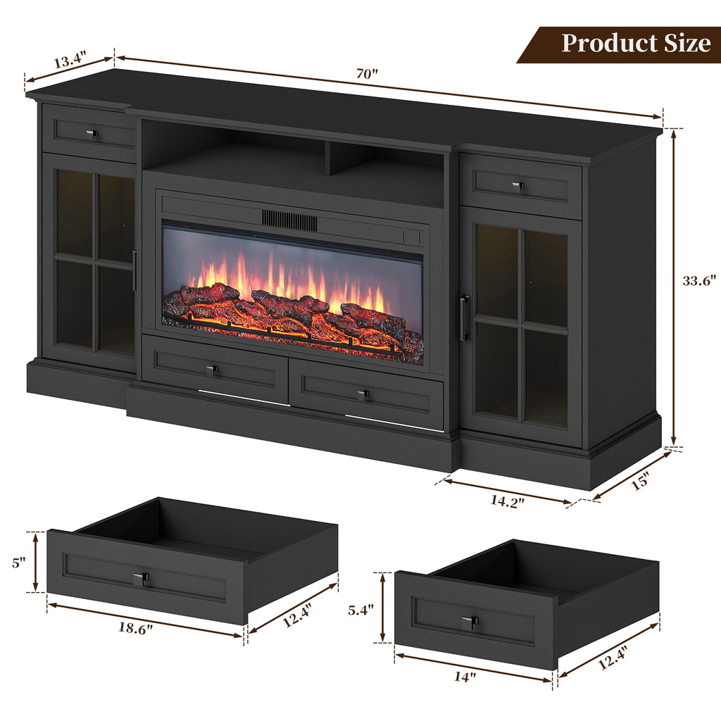 FIAKOA 70” electric Fireplace TV Stand for 75" TVs, Fireplace Entertainment Center with LED Lights, Wood TV Stand with 34" Fireplace for Living Room, Black